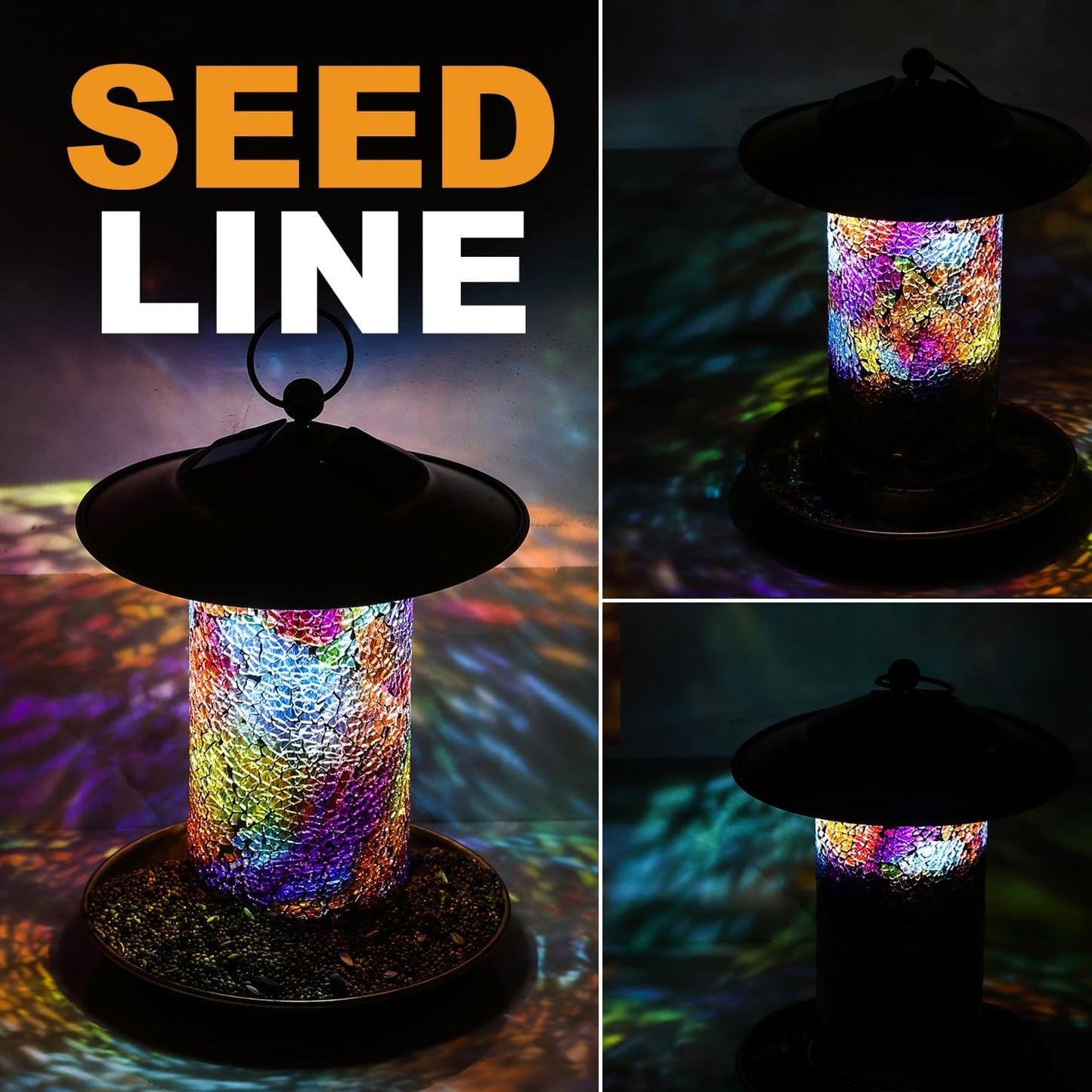 Solar Bird Feeder with Stained Glass, Easy Clean and Top Fill, Adjustable Feeder with Sturdy Wire and Roof, Plastic, for Garden, Backyard, Terrace(1.5lbs/Diamond)