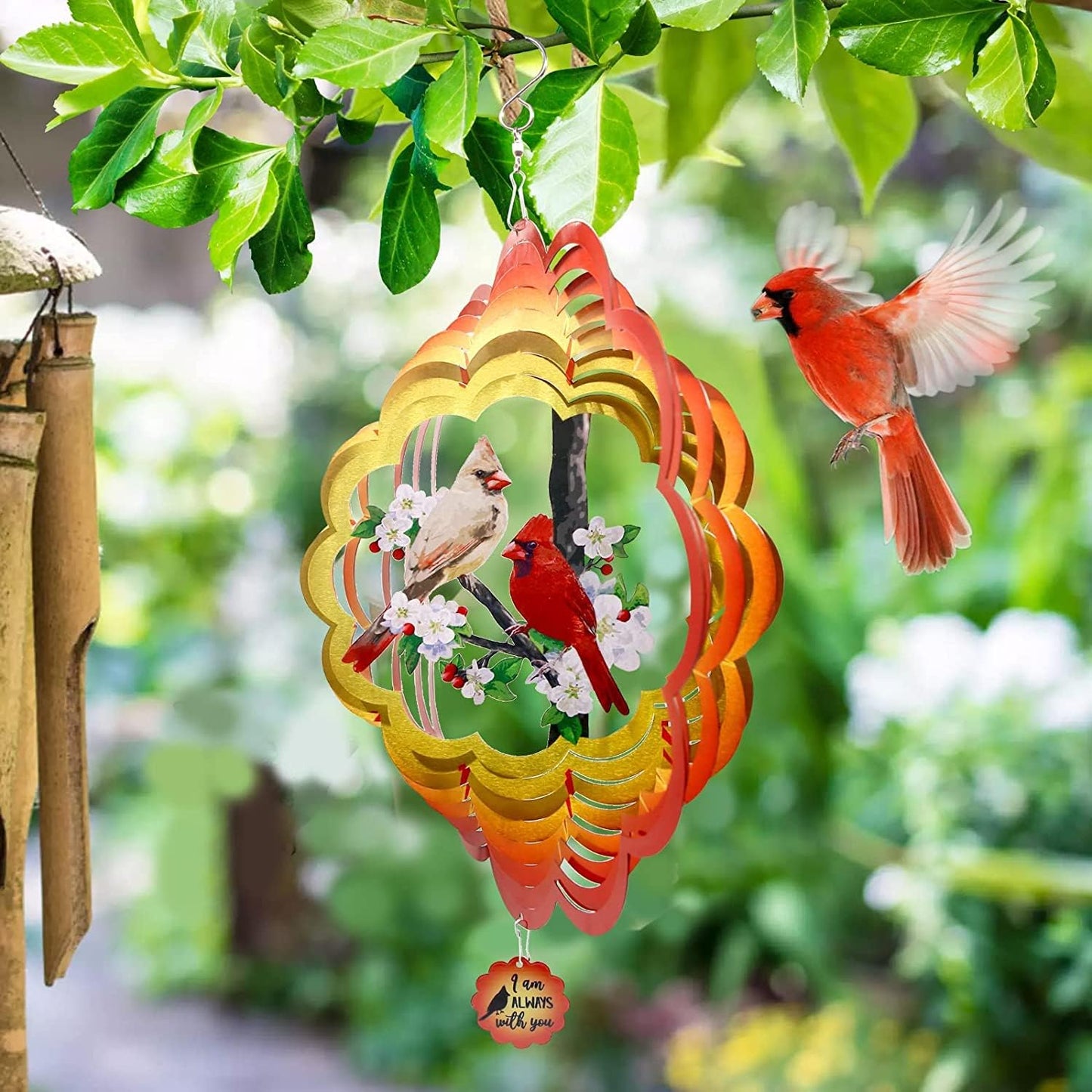3D Wind Spinner Red Cardinal Birds,Metal Spring Outdoor Garden Decor Stainless Steel We Will Always with You Whirligig Yard Art Ornament,Decoration Indoor Memorial for Women Mom Mother's Day