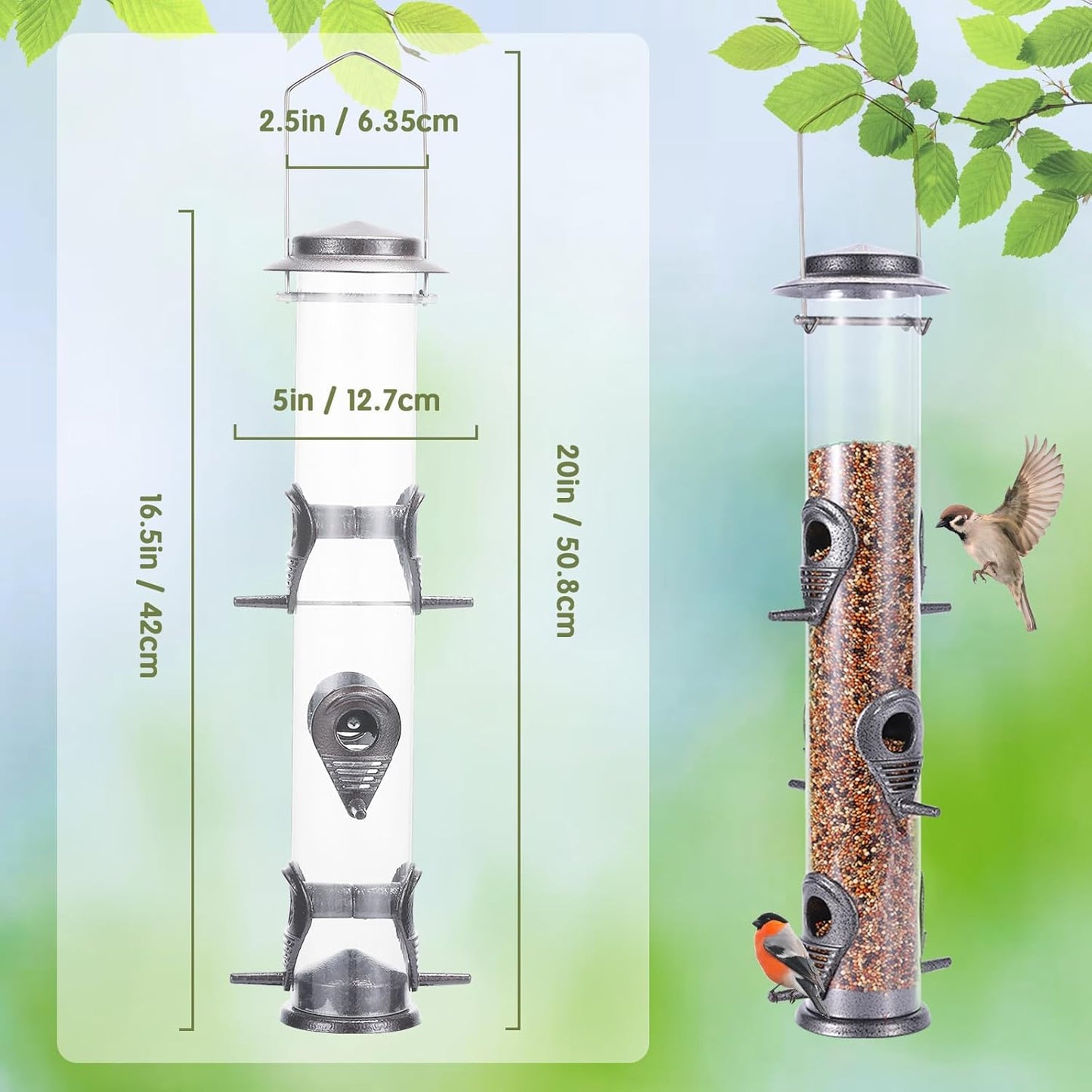 MIXXIDEA Metal Wild Bird Feeder, Squirrel Proof, Hanging 6 Port Tube Transparent Finch Feeder for Attracting Birds in Lawn, Garden, Balcony - Gray
