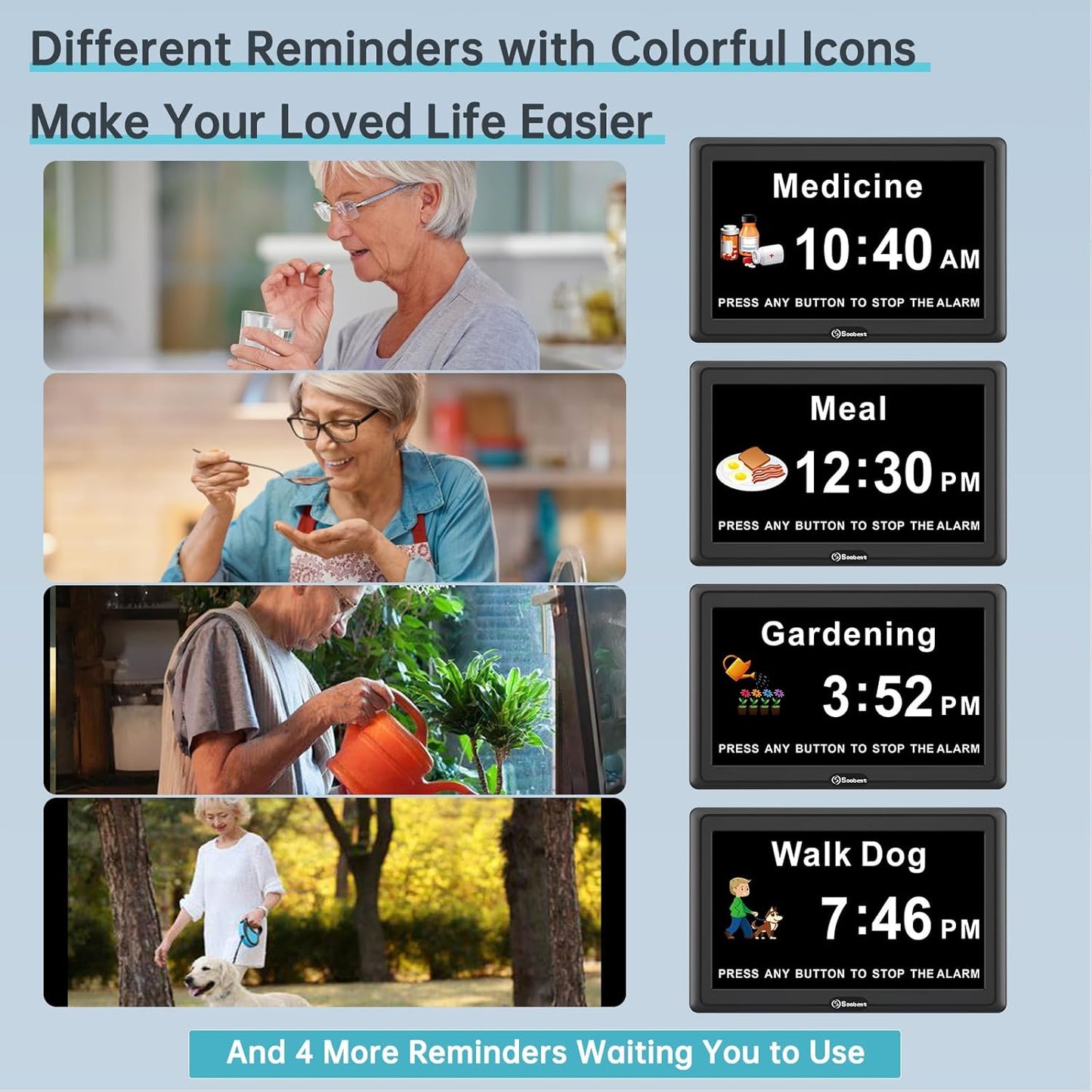 Soobest Dementia Digital Clock for Seniors Elderly, 20 Alarm Reminders 3 Ringtones for Memory Loss Alzheimers, Electric Time Date Day Large Display Calendar Clock, Auto DST, 1024 * 600P HD