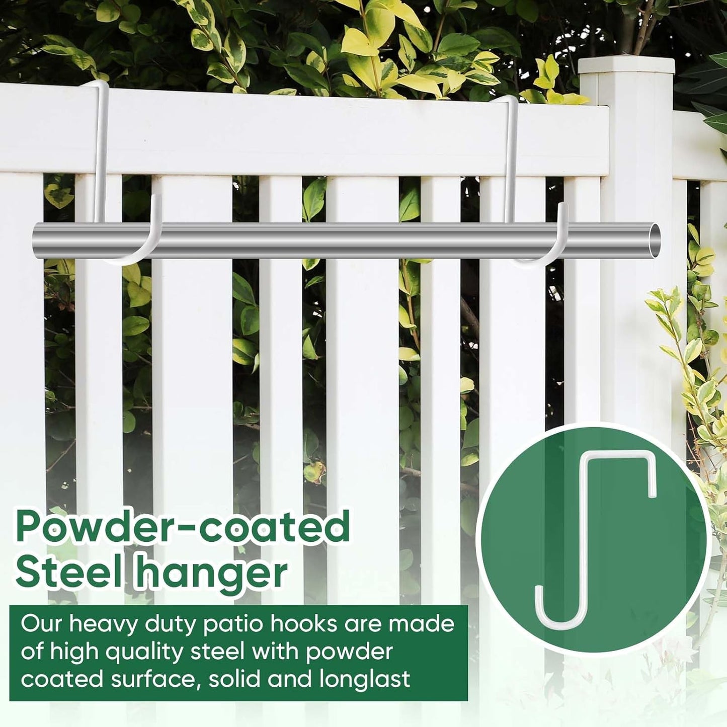 6 Pack 2 x 6 inch Vinyl Fence Hooks Patio Hooks White Powder Coated Steel Hangers fits Easily for Indoor & Outdoor Hanging Lights, Plants & Planters, Bird Feeder, Pool Equipment