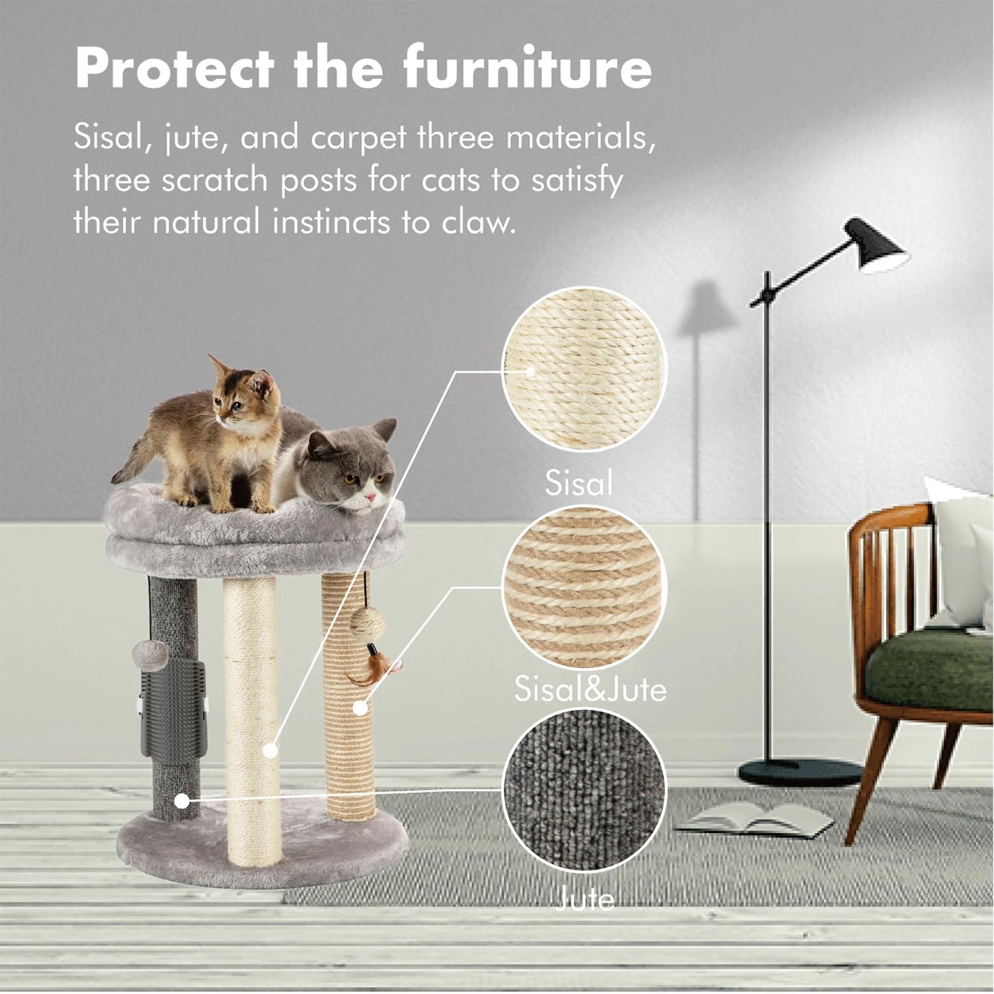 MECOOL 4in1 Small Cat Tree,Scratching Post with Tower Soft Bed, Sisal 