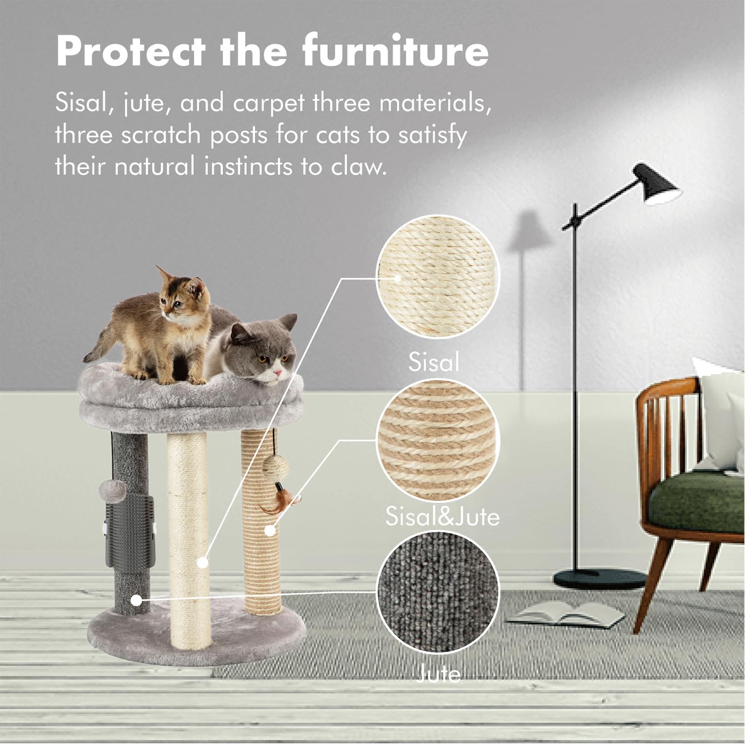 MECOOL 4in1 Small Cat Tree,Scratching Post with Tower Soft Bed, Sisal 