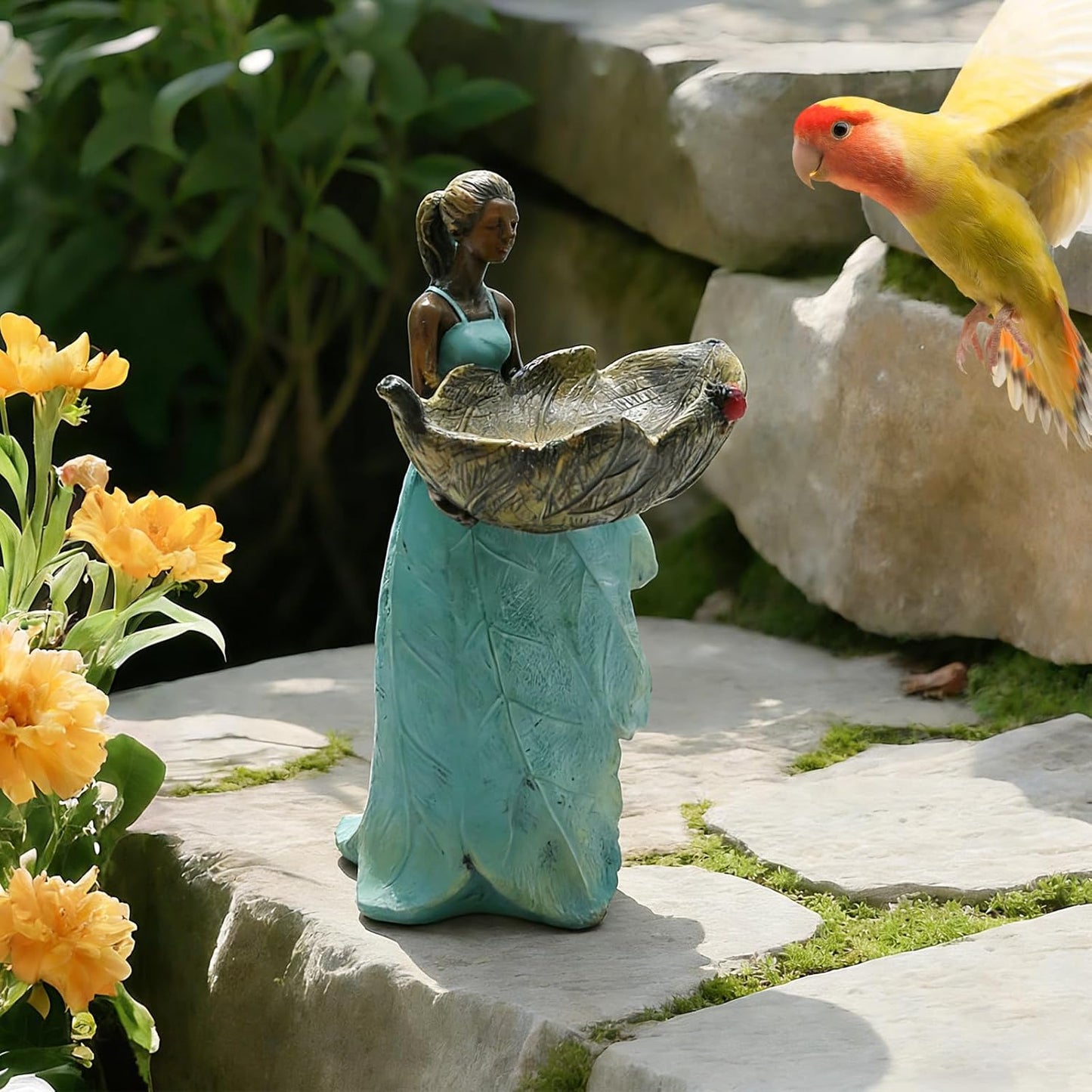 10 Inch Fairy Garden Statue Bird Feeder, Unique Resin Bird Feeder, Decorative Outdoor Bird Feeder for Garden, Lawn, and Home Décor Gift for Women