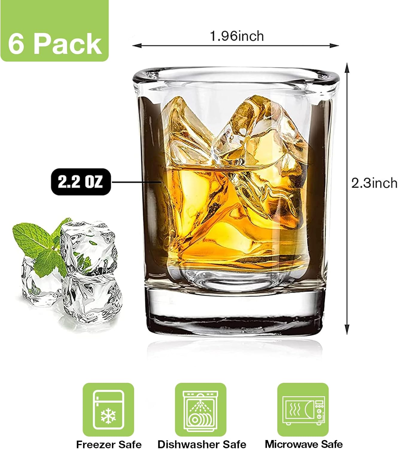6 Pack Heavy Base Shot Glasses Set, 2.2 oz Clear Tequila Square Shot Glass Bulk, Espresso Shot Glass for Vodka, Whiskey, Tequila, Espressos, Spirits & Liquors