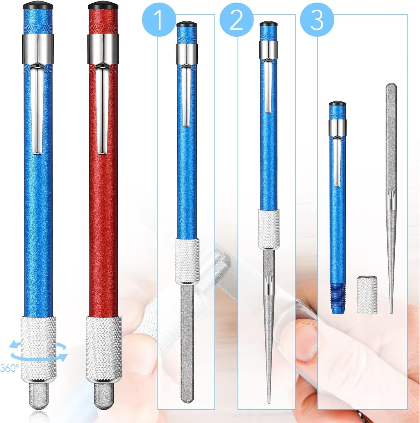 2 Pieces Diamond Retractable Knife Sharpener Steel Sharpening Rod for Kitchen Outdoor Serrated Stick Tools (Sky Blue, Red)