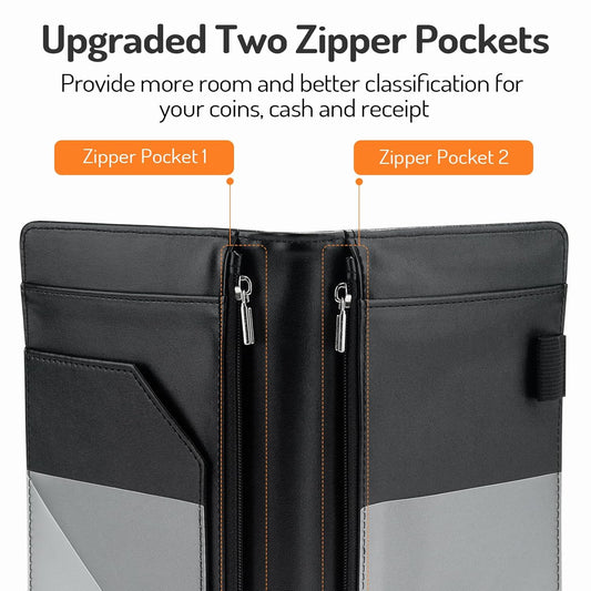 Forvencer Server Book, 2 Zipper Pocket, Server Books for Waitress, Waitress Book for Servers, Fits Waitress Apron, Guest Book, Waitress Accessories, Serving Book,Receipt Holder, Black