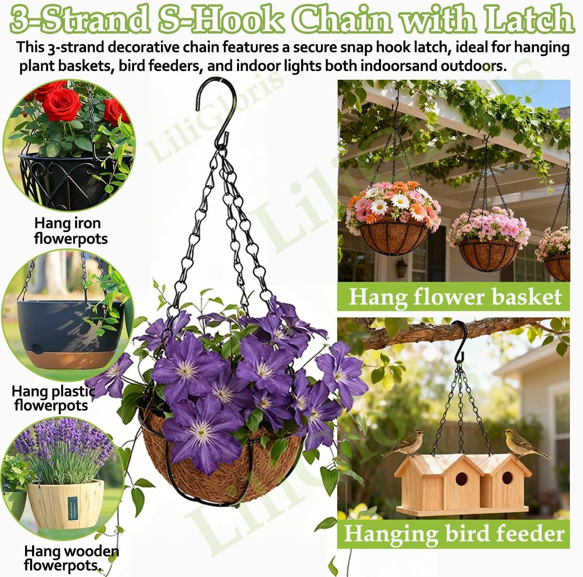 22 Inch Hanging Plant Chains with Clips & Hooks (Pack of 5) – Adjustable Heavy Duty Replacement Chains for Flower Pots, Bird Feeders, Baskets, Lanterns, Wind Chimes, and Indoor/Outdoor