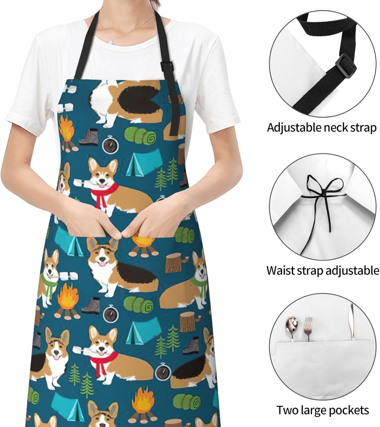 Corgi print Waterproof apron with pocket adjustable cooking apron for adult kitchen bibs to bake