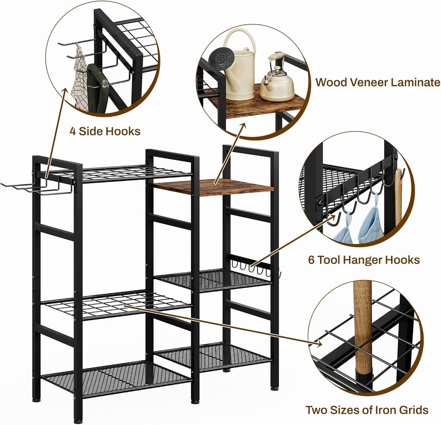 Garden Tool Organizer for Garage,3 Tier Garden Tools Rack with 8 Hooks,Up to 35 Long-Handled Tools/Rakes/Brooms, Heavy Duty Steel Garage Tool Stand for Shed, Outdoor, Black
