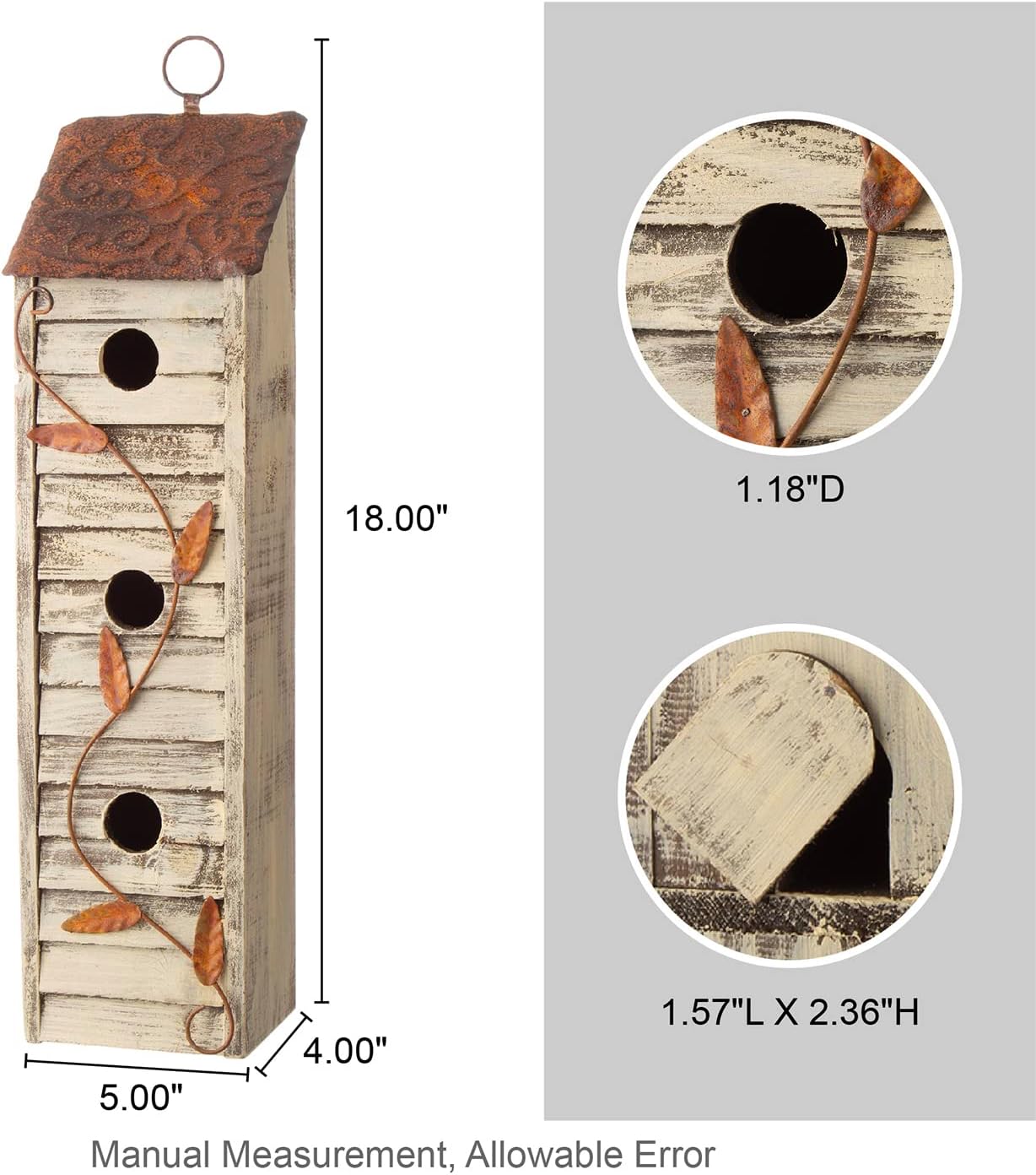 Glitzhome Bird Houses for Outside, 18" H Three-Story Solid Wood Cottage Decorative Garden Birdhouse Wooden Bird Houses with Shutter Texture Hanging Hanging Birdhouses for Outdoors,Washed White