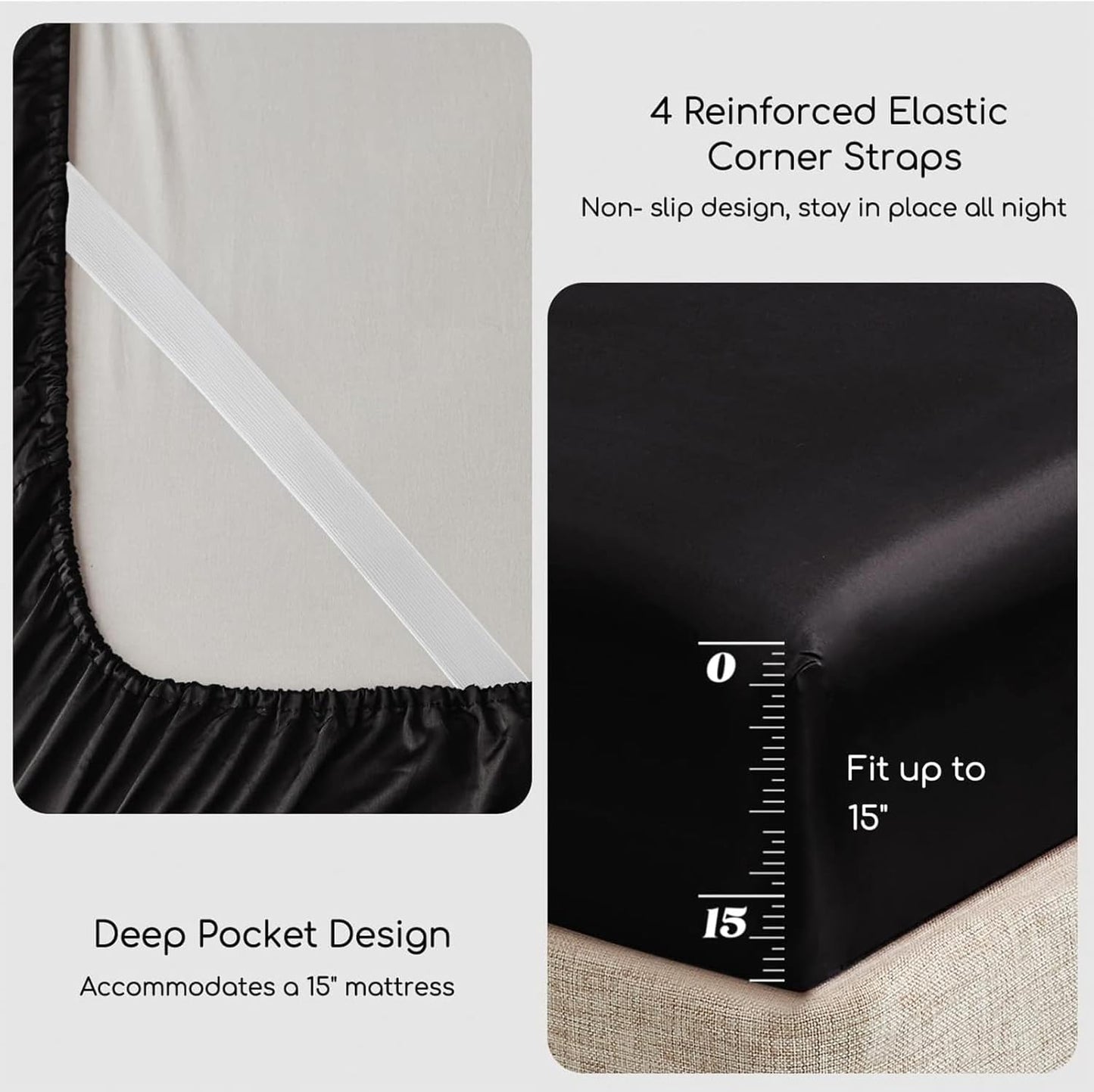 MR&HM Satin Bed Sheets, Queen Size Sheets Set, 4 Pcs Silky Bedding Set with Elastic Corner Straps and 15 Inches Deep Pocket for Mattress (Queen, Black)