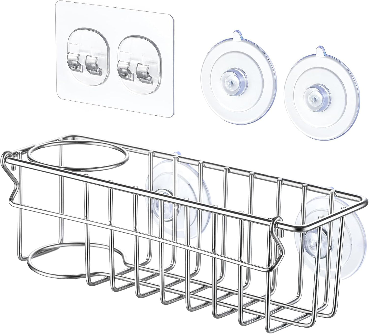 3-In-1 Sponge Holder for Kitchen Sink with Suction Cups & Adhesive Hoo