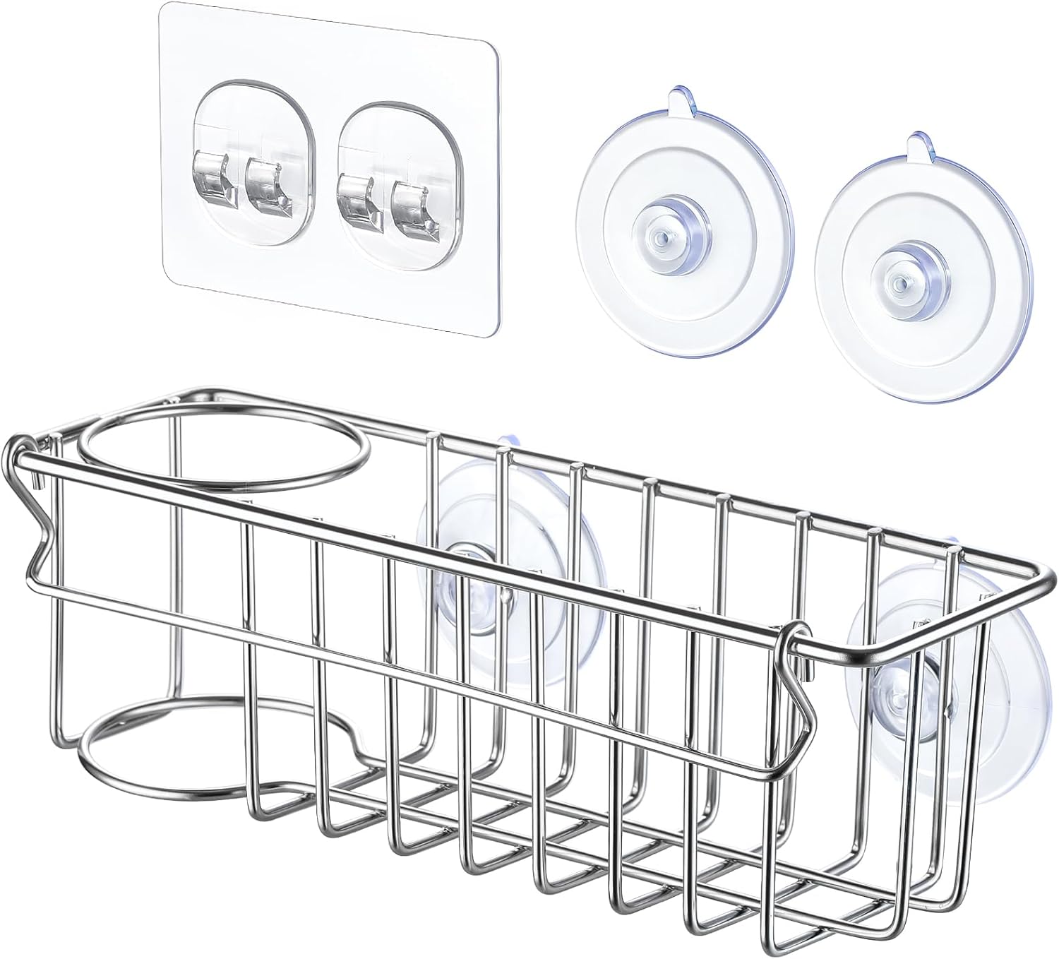 3-In-1 Sponge Holder for Kitchen Sink with Suction Cups & Adhesive Hoo