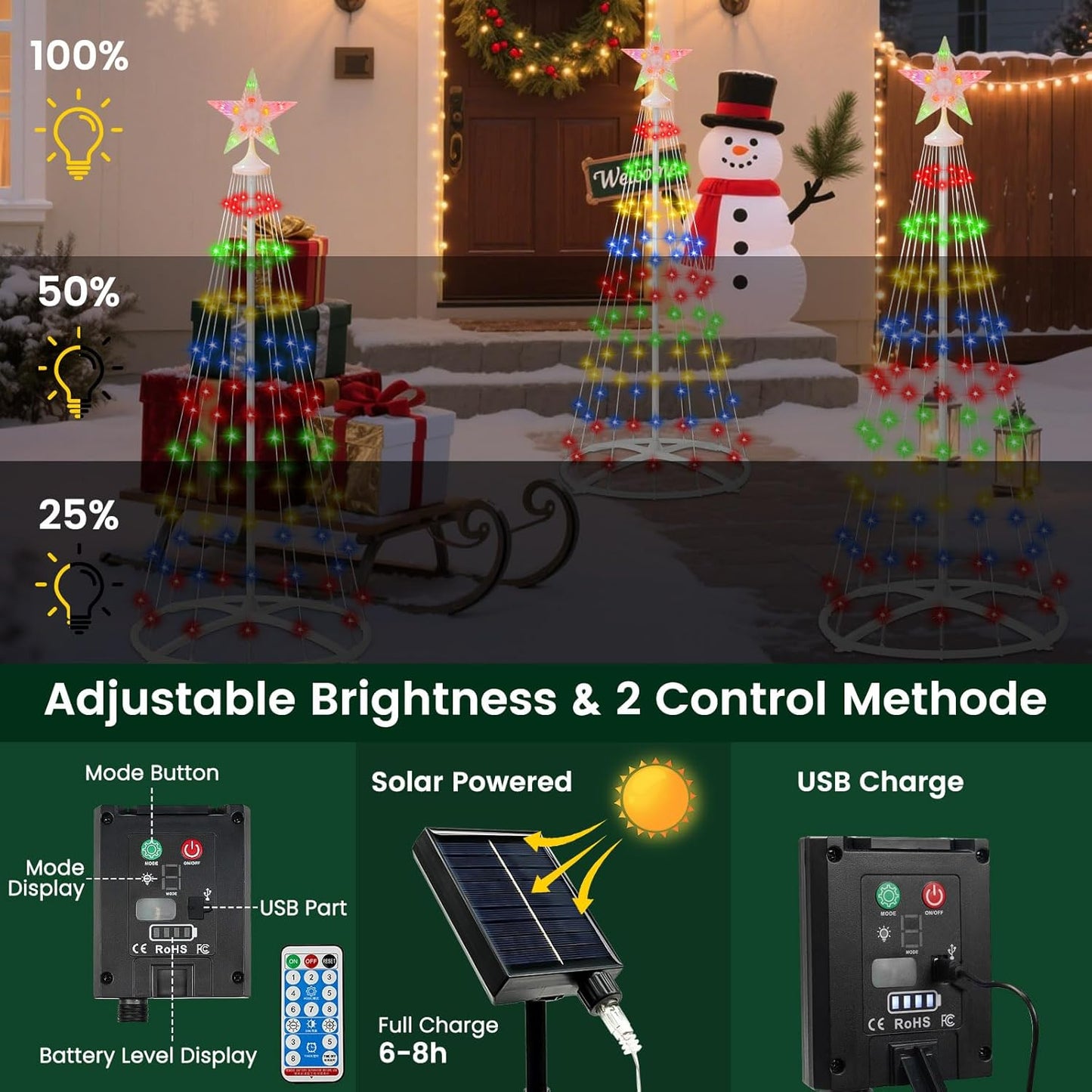 IDEAALS 4FT 118LED Outdoor Solar Christmas Cone Tree Lights, 8 Modes Timer Remote RGB Christmas Tree Lights with Star Topper for Xmas Yard Porch Patio Holiday Decor