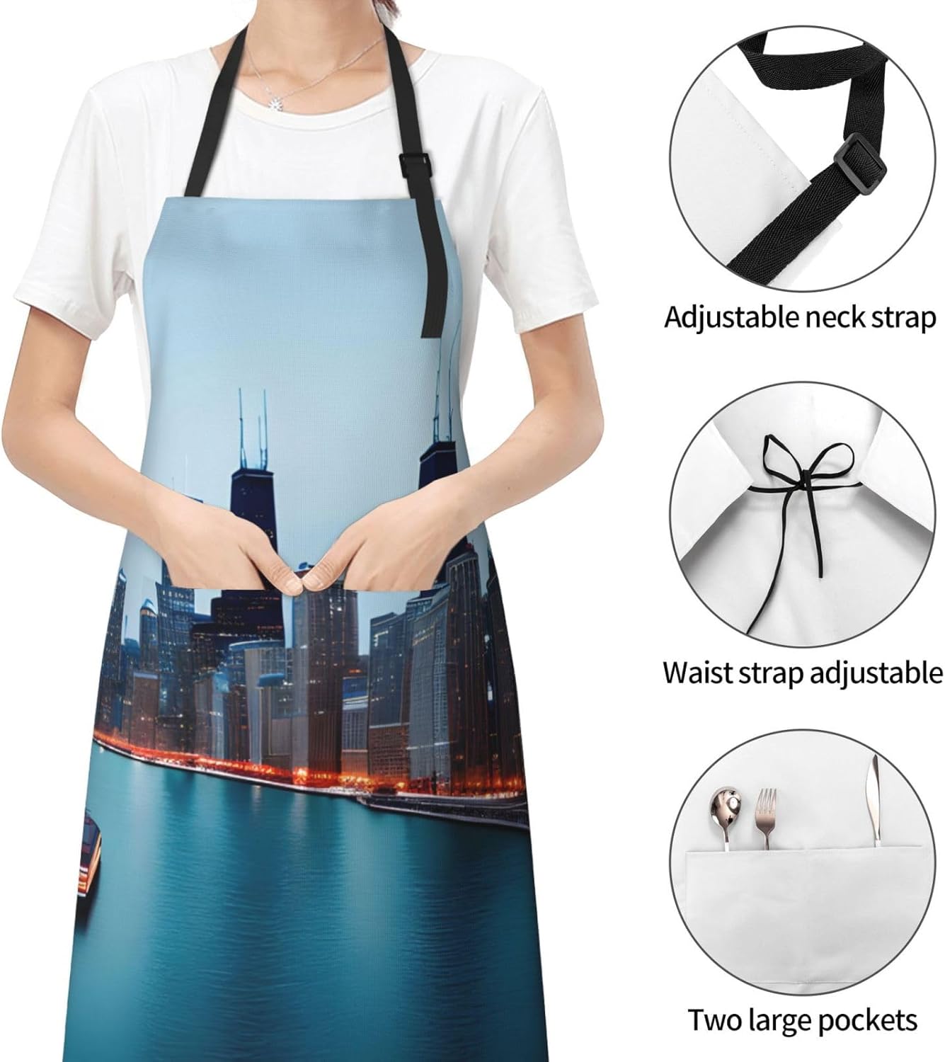 Chicago Print Laundry apron 28x33 In Waterproof Kitchen Apron with Pockets for Cooking Baking