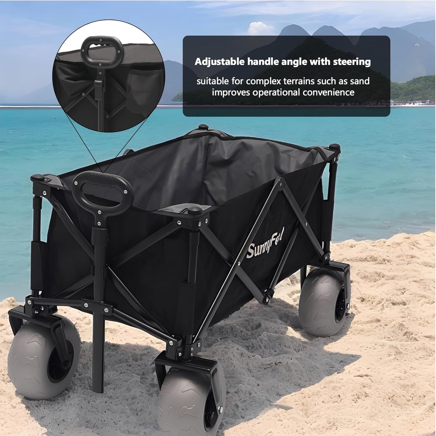 SUNNYFEEL 41" L Beach Wagon with Big Wheels for Sand - 550lbs Heavy Duty Folding Beach Wagon - All Terrain Steel Frame with 9" Pneumatic Tires for Beach,Camping,Sports,Garden (Black)