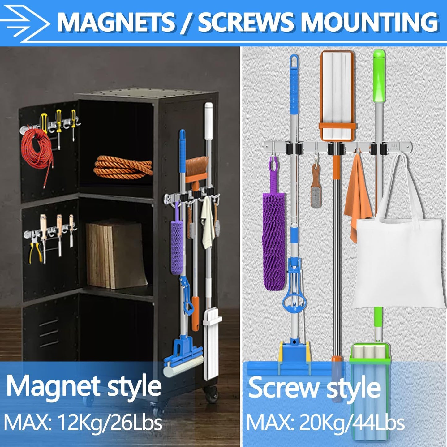 3-H Magnetic Broom Holder Wall Mount 2 Pack, 2-in-1 Dual Mount (No Drill or Screw Fix), 304 Stainless Steel Heavy Duty Magnet Mop Broom Organizer for Kitchen Garden Garage(3 Racks & 4 Hooks, Silver)