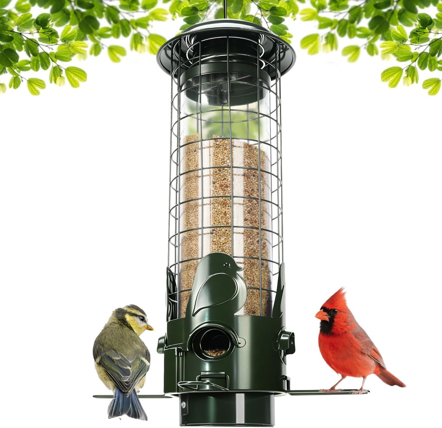 Squirrel Proof Bird Feeders for Outdoor Hanging, Weight Activated Metal Mesh Wild Outside Bird Feeder, 3LB Large Capacity Birdfeeder for Finch Cardinal Chickadee, Green