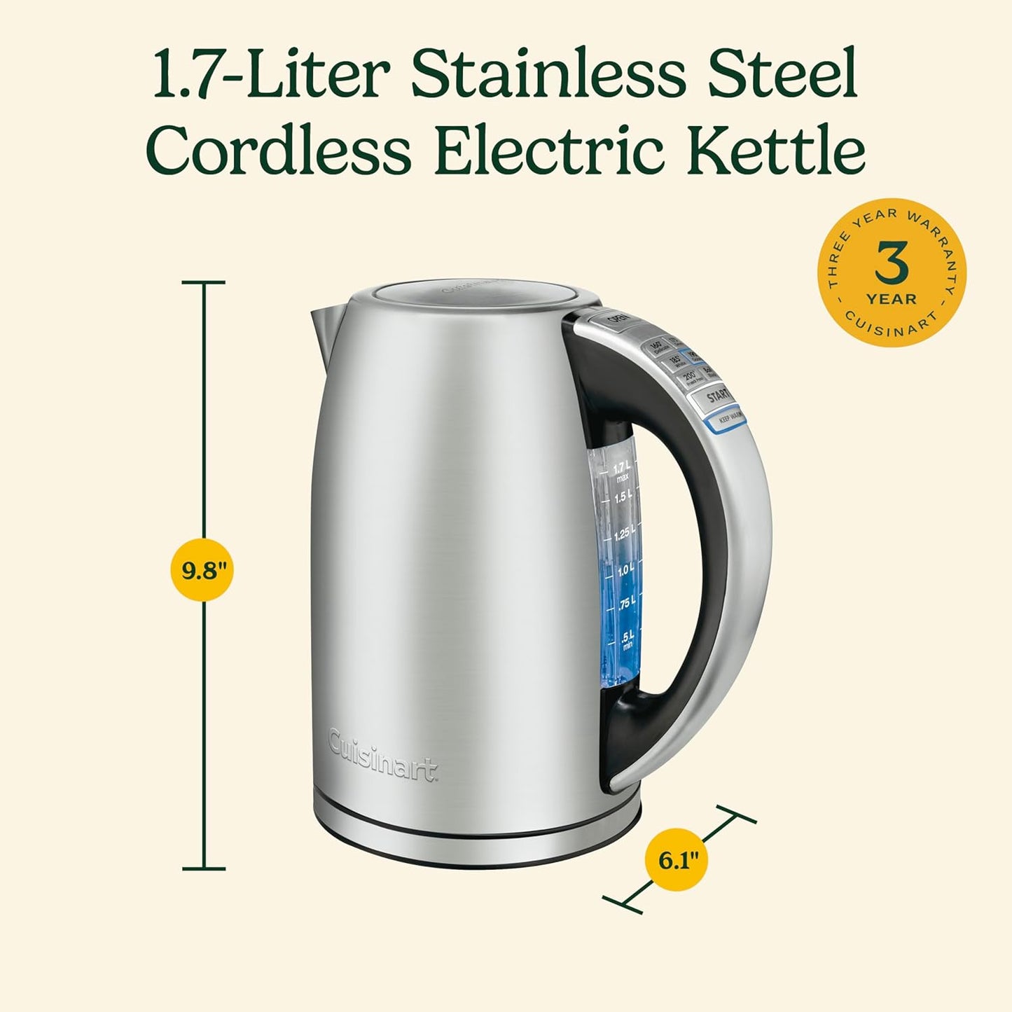 Cuisinart PerfecTemp 1.7-Liter Electric Kettle, Cordless Electric Tea Kettle, 1500W for Fast Heat-Up, 6 Preset Temperatures, 30-Minute Keep Warm, Stay Cool Nonslip Handle, CPK-17P1
