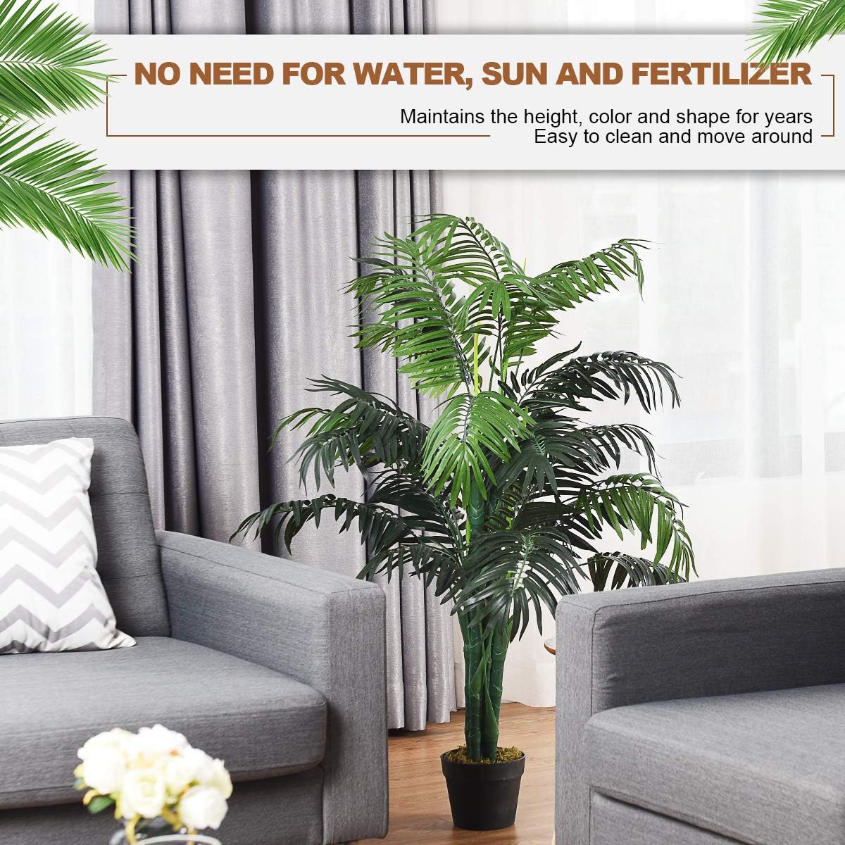 Goplus Artificial Palm Tree, 3.5 Feet Tall Potted Fake Greenery Tropical Plant, Faux Floor Tree for Indoor Outdoor Home Living Room Decor