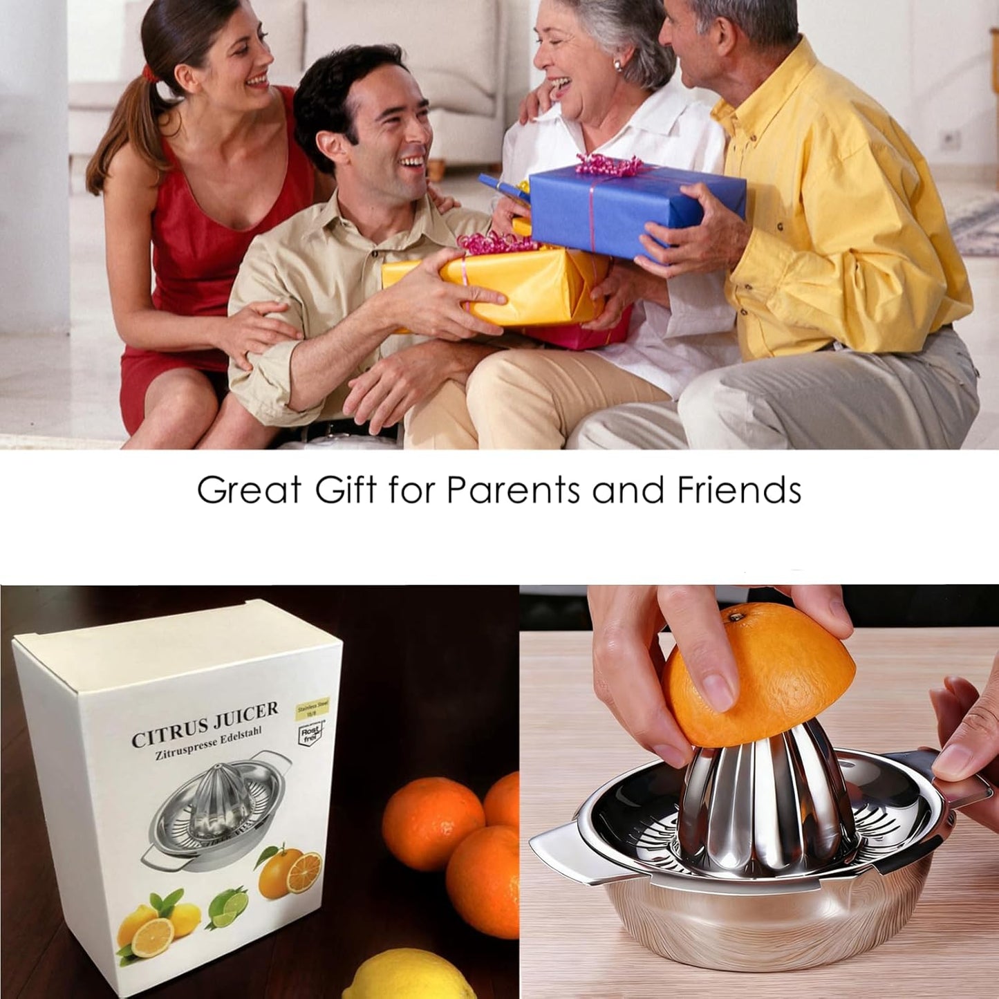 Citrus Lemon Orange Grapefruit Juicer Manual Squeezer 304 Stainless Steel Robust Hand Juicer Reamer Rotation Press with Strainer＆10oz Bowl, 2 Pour Spouts, Dishwasher Safe, Easy to Clean, Heavy Duty