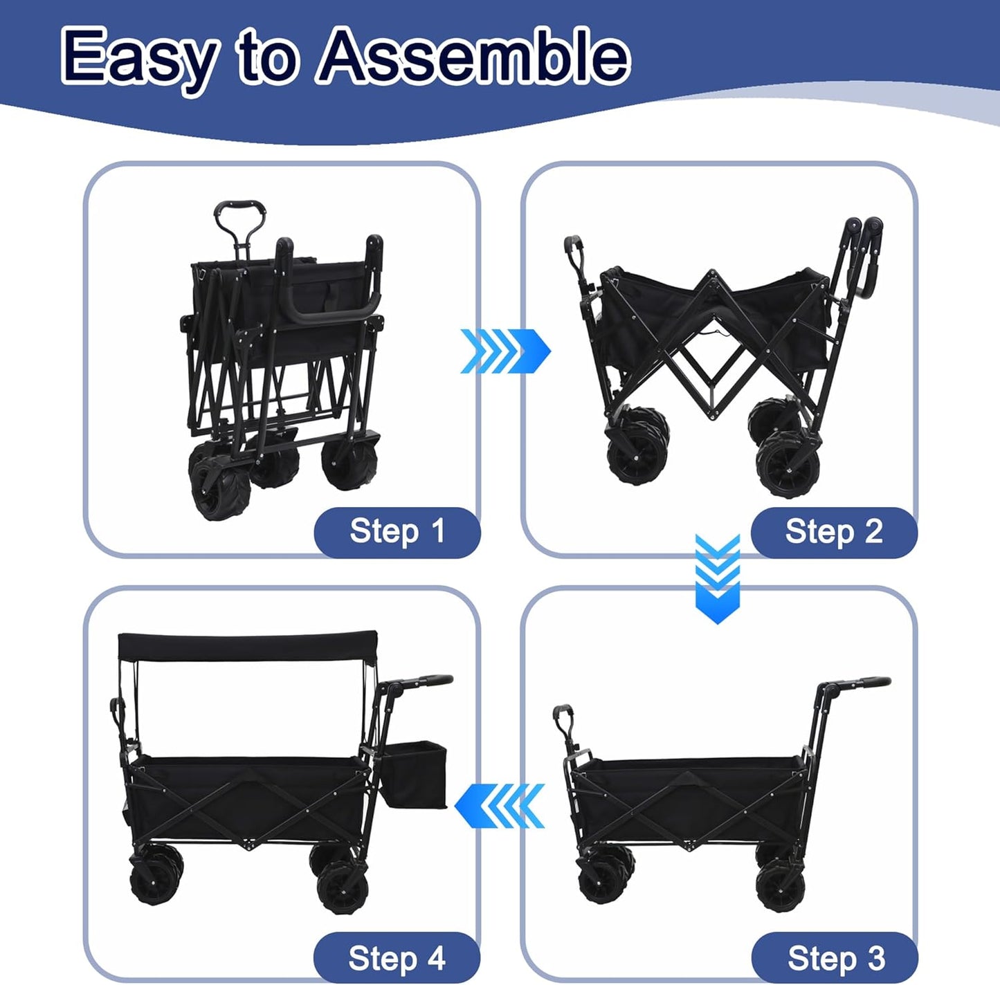 Collapsible Wagon Cart with Canopy, Heavy Duty Folding Tools Utility Cart with Wheels for Outdoor Camping, Black
