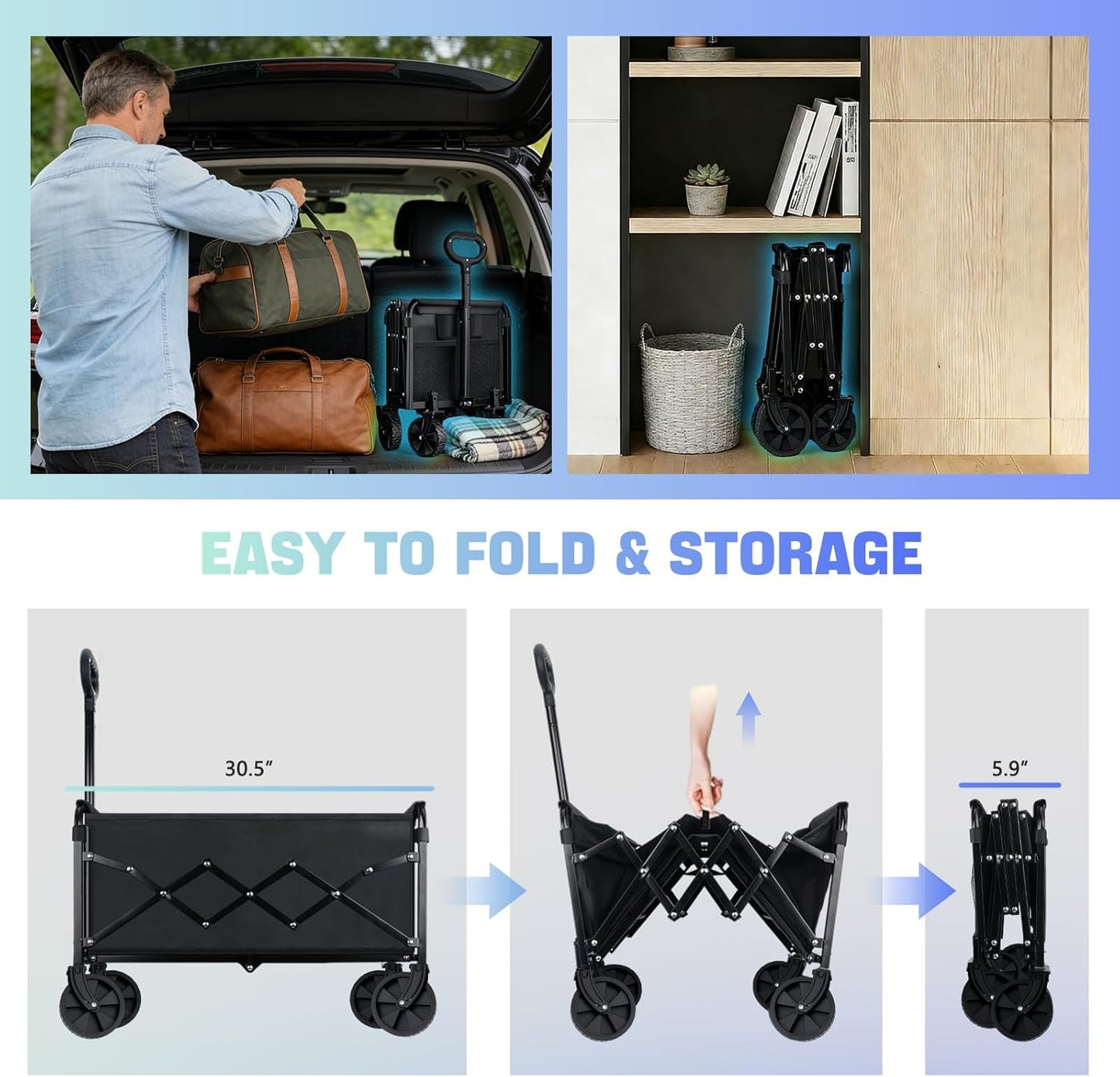 360LBS Collapsible Wagon Cart with Wheels - Heavy Duty Folding Wagon Carts for Grocery, Lightweight Utility Wagon with All-Terrain Wheels & 2 Cup Holders, Portable Beach Wagon for Shopping Garden