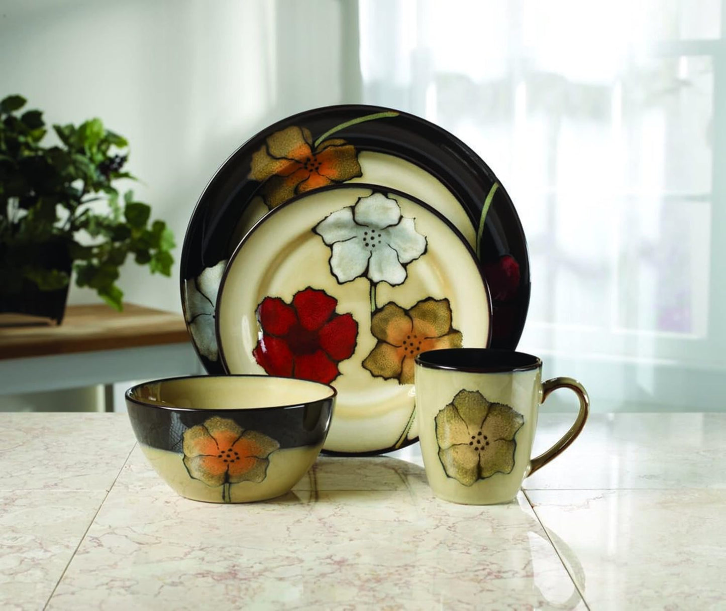 Pfaltzgraff Painted Poppies 16-Piece Dinnerware Set, Service for 4, Co