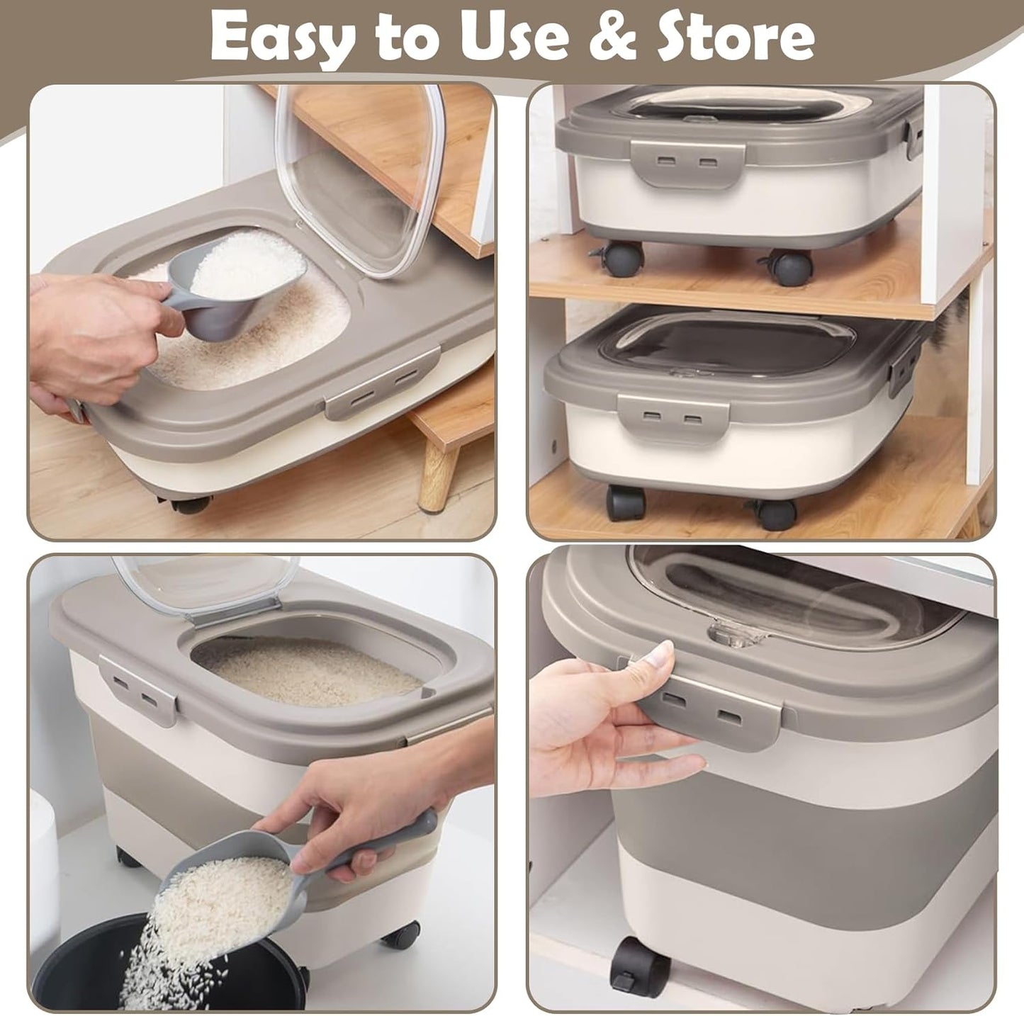 Dog Food Storage Container, 20Lbs Rice Storage Container Dispenser, Airtight Large Pet Cat Food Bin with Wheels, Scoop & Measuring Cup, Collapsible Kitchen Dry Food Holder for Four Sugar Cereal Kibble