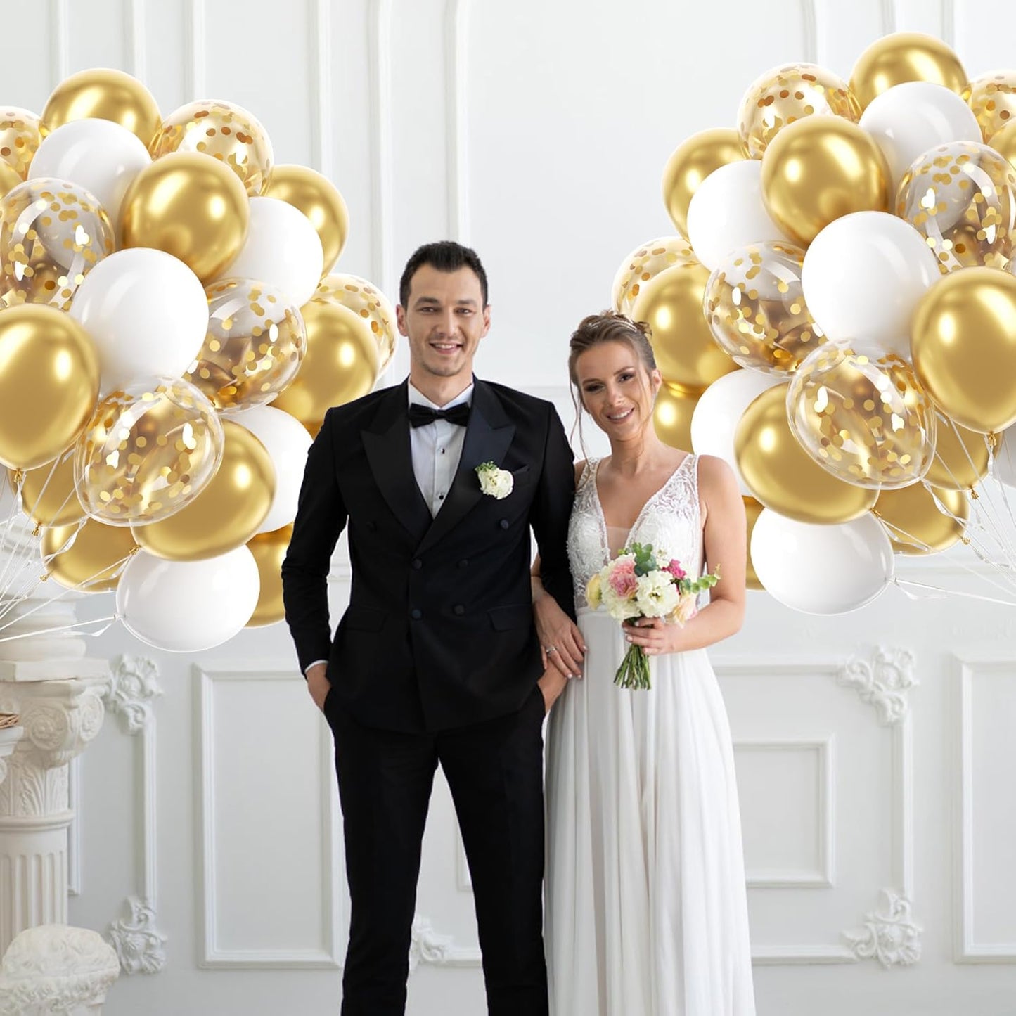 60pcs Gold and White Balloons 12inch, White and Gold Balloons with Met