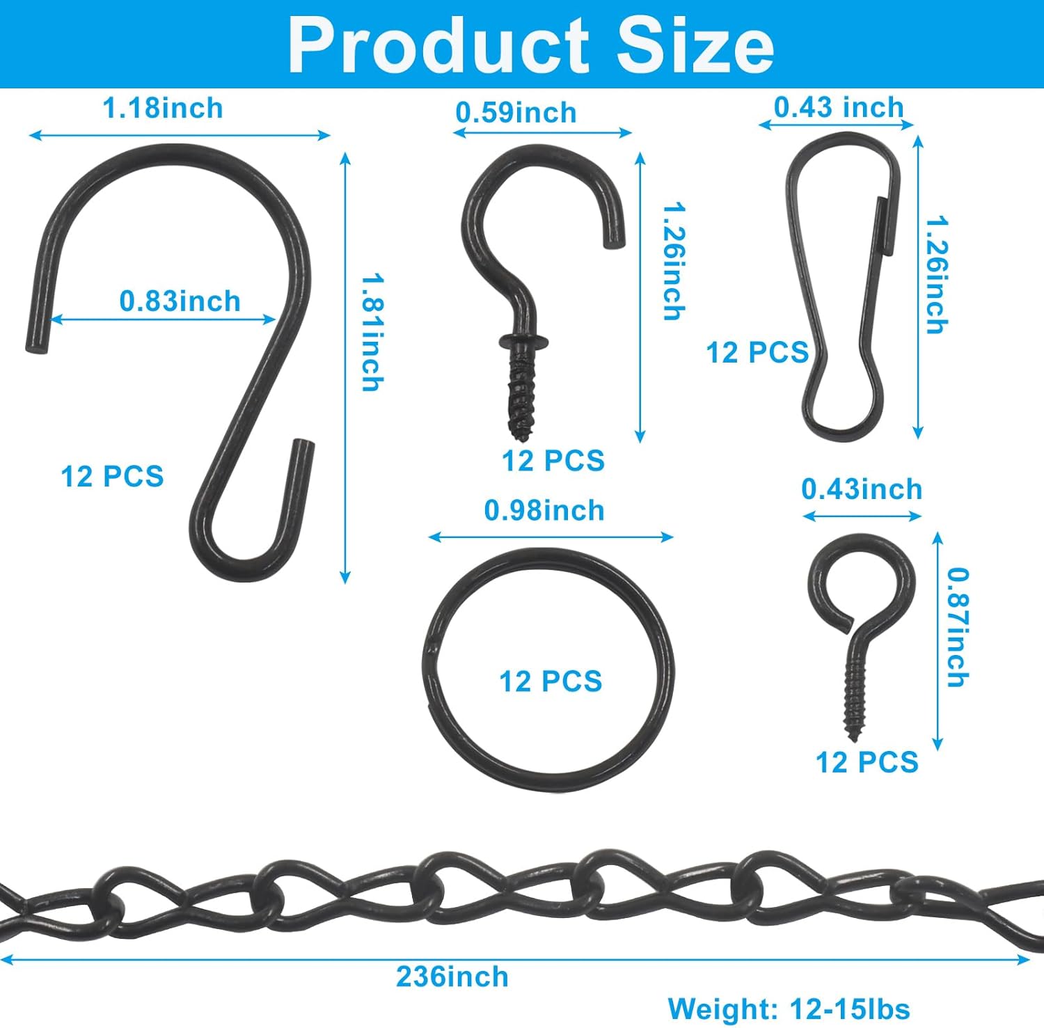 Zorfeter 236 Inch Black Metal Hanging Chain with 12x S Hooks, 12x Buck