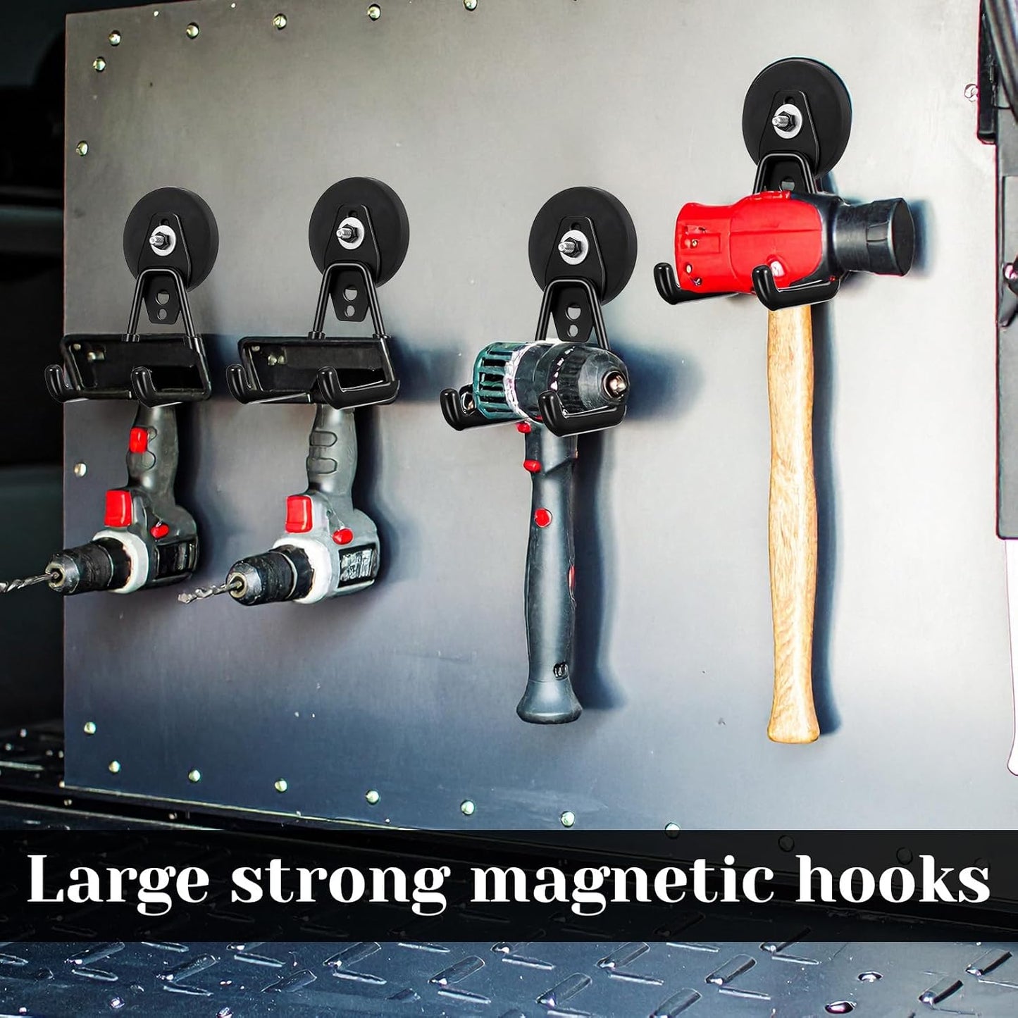 4Pcs Heavy Duty Storage Magnetic Utility Hooks Large Garage Strong Extra Magnet Hooks Hanger with Anti-Slip Coating Heavy Duty Magnetic Hook for Hanging Power Dril Garage Garden Tools Black