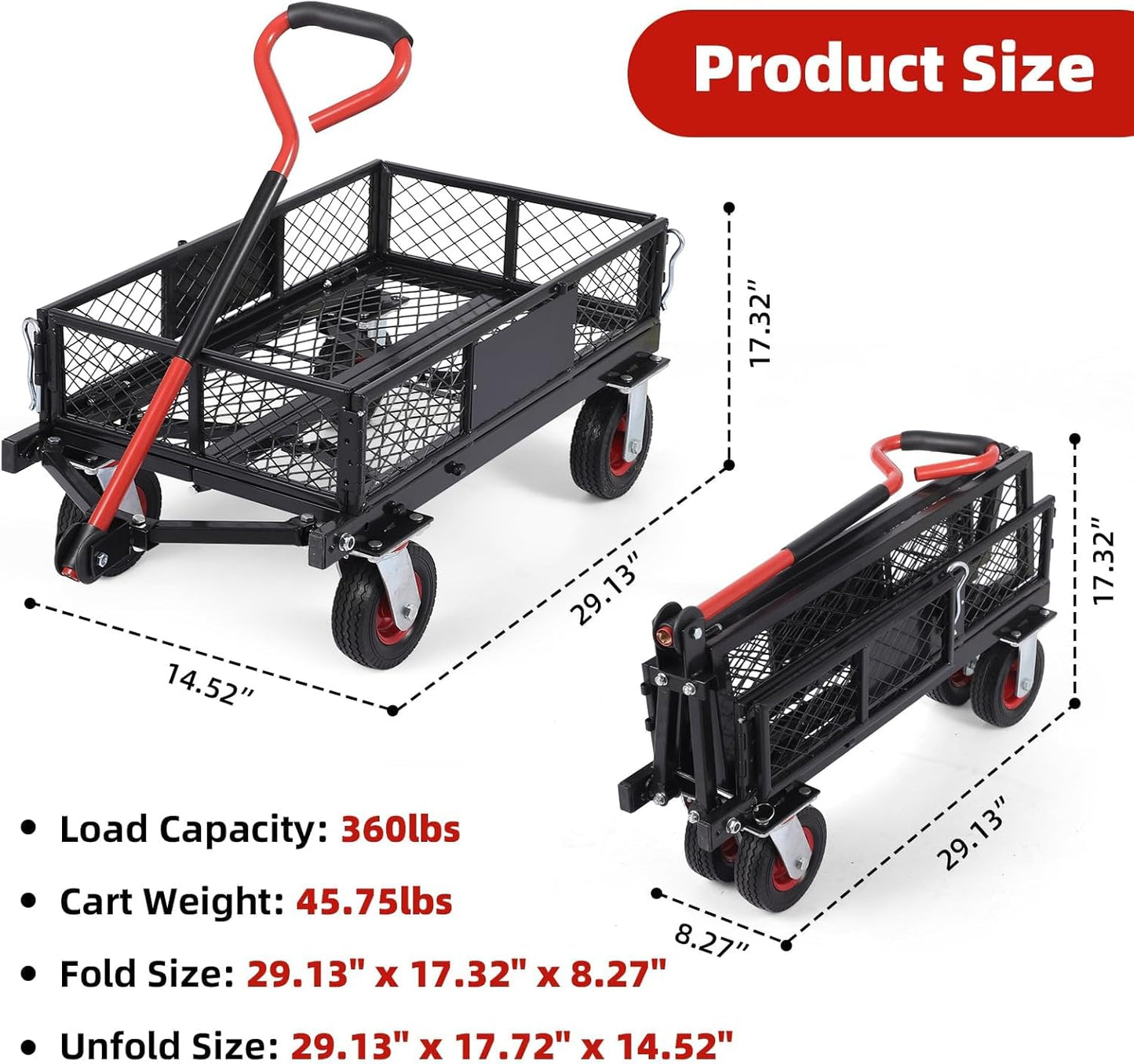 360 Lbs Steel Garden Folding Wagon Cart Heavy Duty with 180° Rotating 