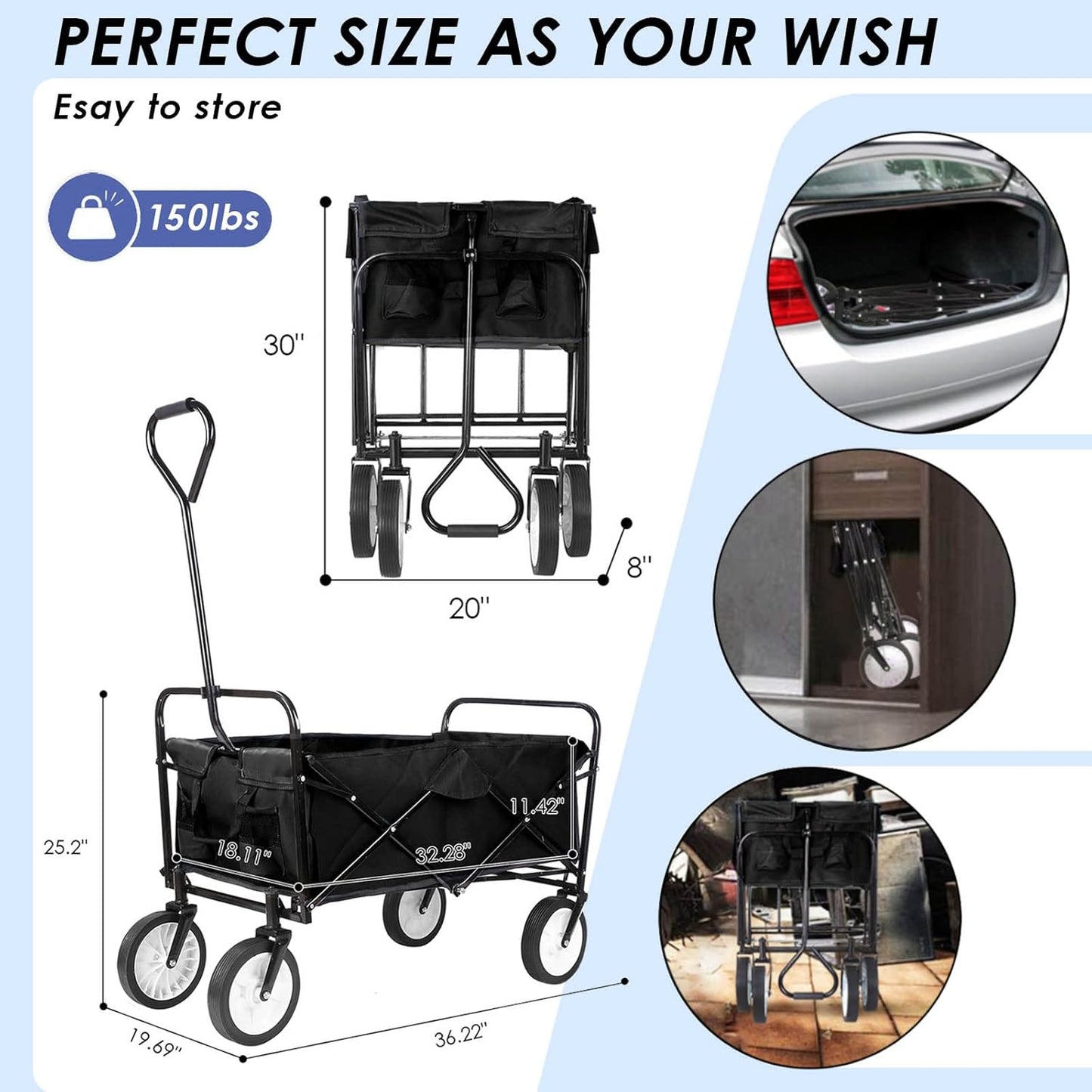 Heavy-Duty Collapsible Utility Wagon - 262L Capacity, One-Pull Foldable Cart with Durable Steel Frame, Rubber Wheel, Comfortable Grip - Great for Groceries, Shopping, Camping - Portable and Spacious