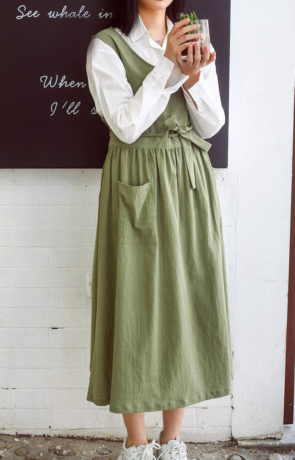 Women Plus Size Cotton Linen Vintage Pleated Split Apron Pinafore Dres