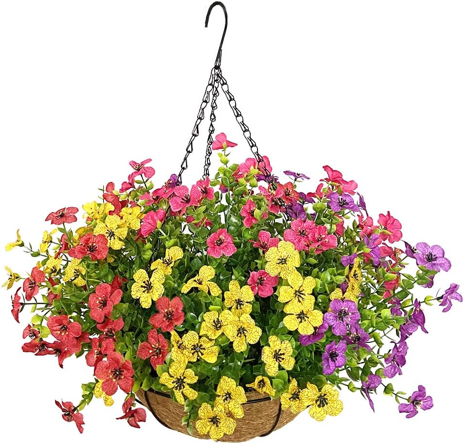 Artificial Flowers in Basket,Artificial Hanging Baskets with Flowers for Outdoor Indoor Courtyard Decor,12 inch Coconut Lining Basket for Patio Garden Porch Deck Decoration