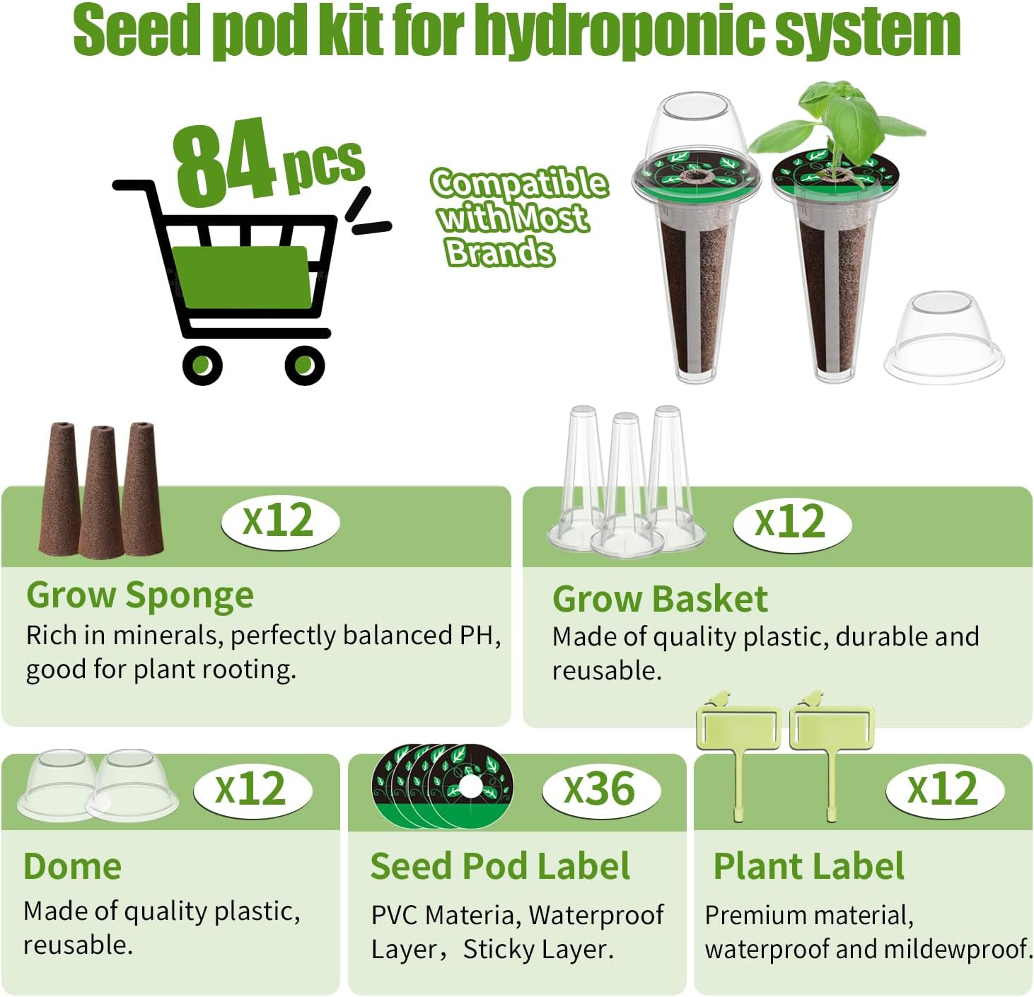 84 pcs Hydroponic Pod Kit for Aero Garden with 12 Grow Baskets, 12 Gro