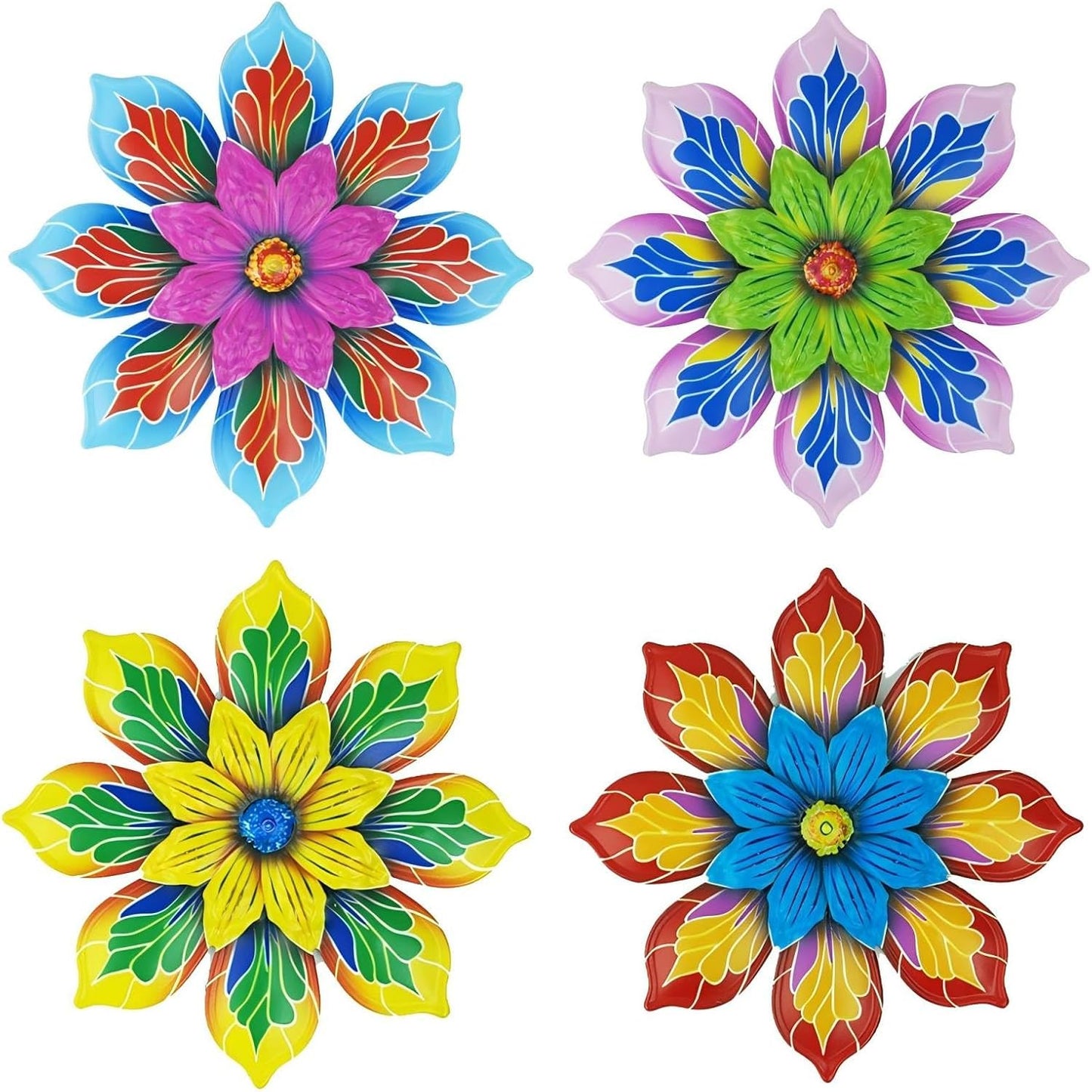 GENHAOTHREE Vibrant Metal Flower Wall Art Decor Set of 4-5.9 Inch Colo