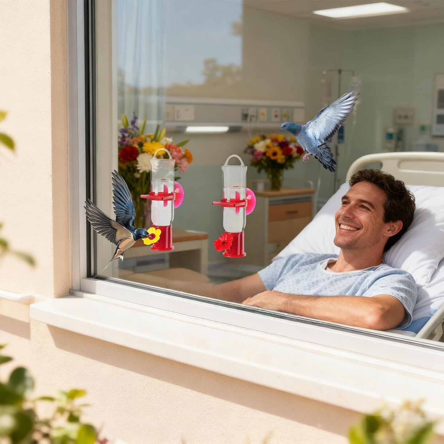 Hummingbird Feeder Window, Clear Suction Cup Waterer, 2 Pack Small Feeder with Flower Ports Design, Bird for House Garden Balcony, Outdoor Viewing, for Winter Use and More