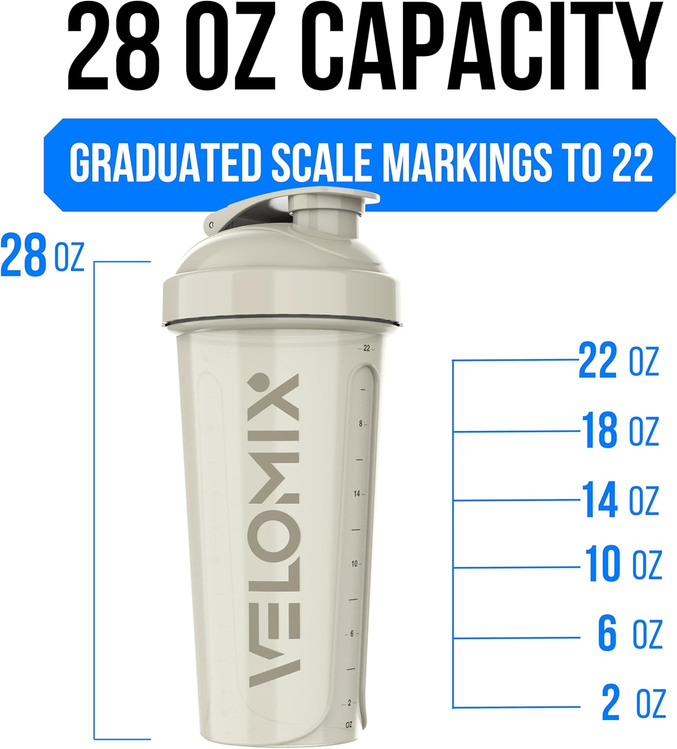 VELOMIX -6 PACK- 28 oz Protein Shaker Bottle for Protein Mixes - 6x Wi