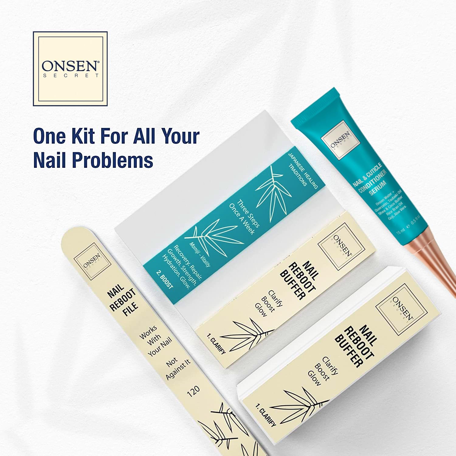 Onsen Secret Nail Care Kit - w/Cuticle Care Serum, Japanese Nail Buffe
