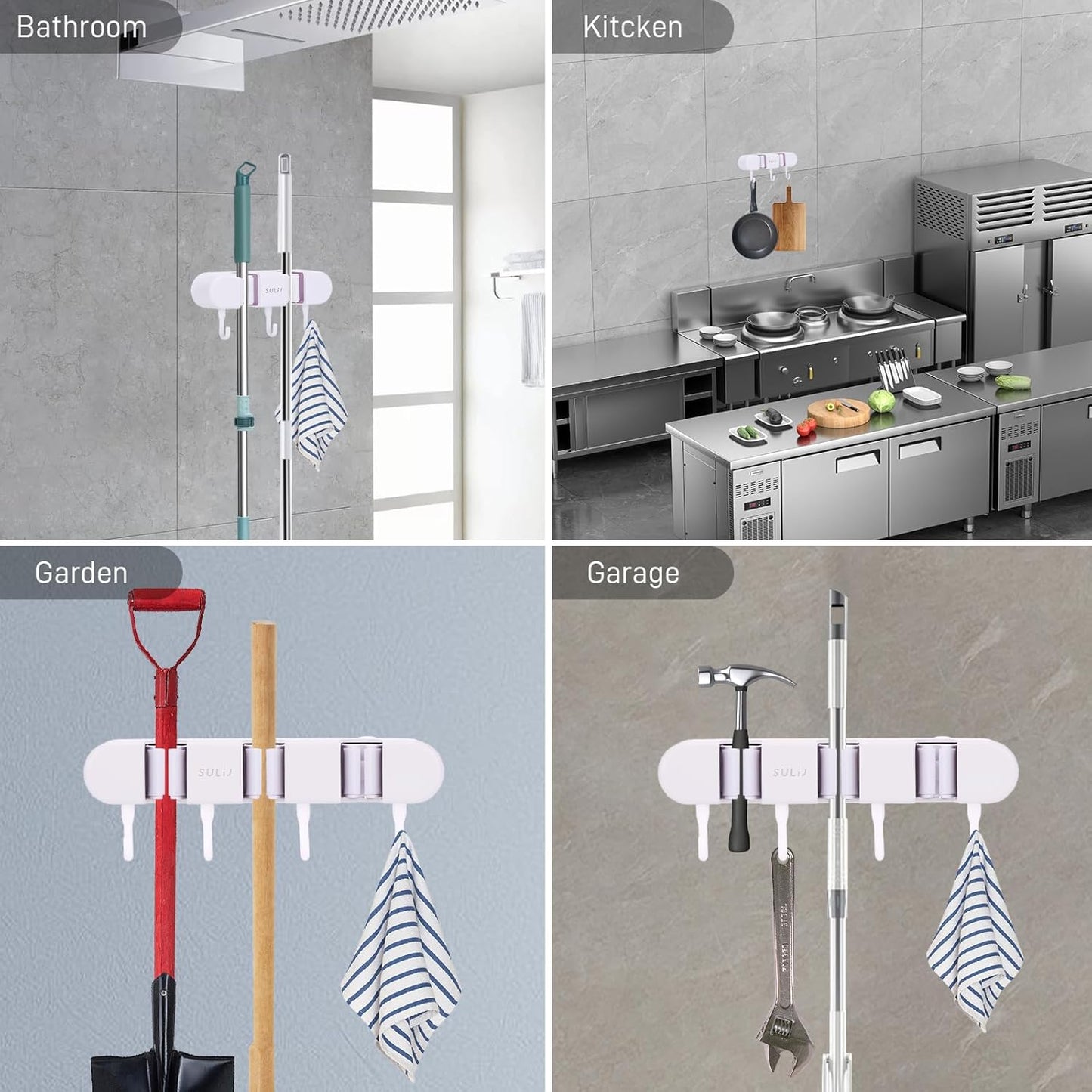 Broom Holder with 2 Slots & 3 Hooks Heavy Duty Garden Tool Organizer Broom Hanger Wall Mount for Home Laundry Room Kitchen Closet Shed Garage Organization and Storage - White