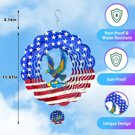 Charming American Eagle Wind Spinner-12 Inch Stainless Steel Decoration for Outside with Bright Colors, Safe Edges and Unique Design, Great Gifts for Mom/Ladies, Doubles as Scare Birds Away