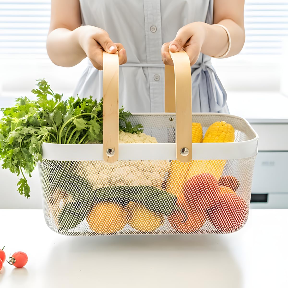 Portable Mesh Harvest Basket - Natural Bamboo Handle Foldable Organizer for Kitchen, Garden & Picnic | Ventilated Storage Bin with Rust-Proof Wire, Space-Saving Farmhouse Decor (Pink)