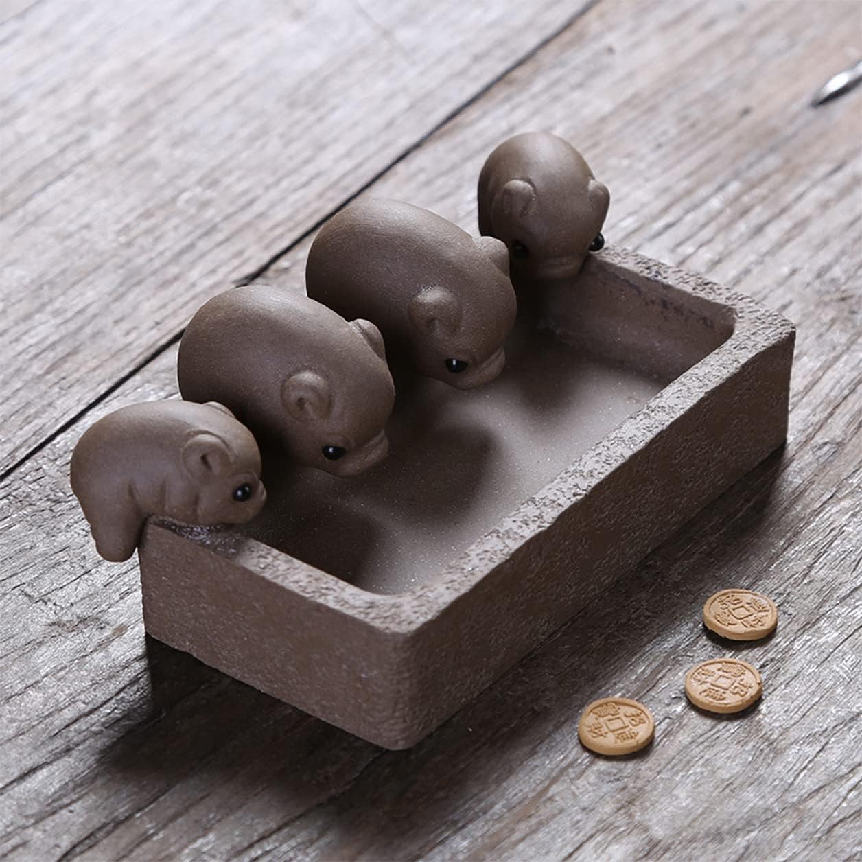 Yixing Zisha Tea Pet,Cute 4 Pig Statues Purple Clay Animal Figurine Planter Pot,Chinese Tea Tray Accessories Ornament