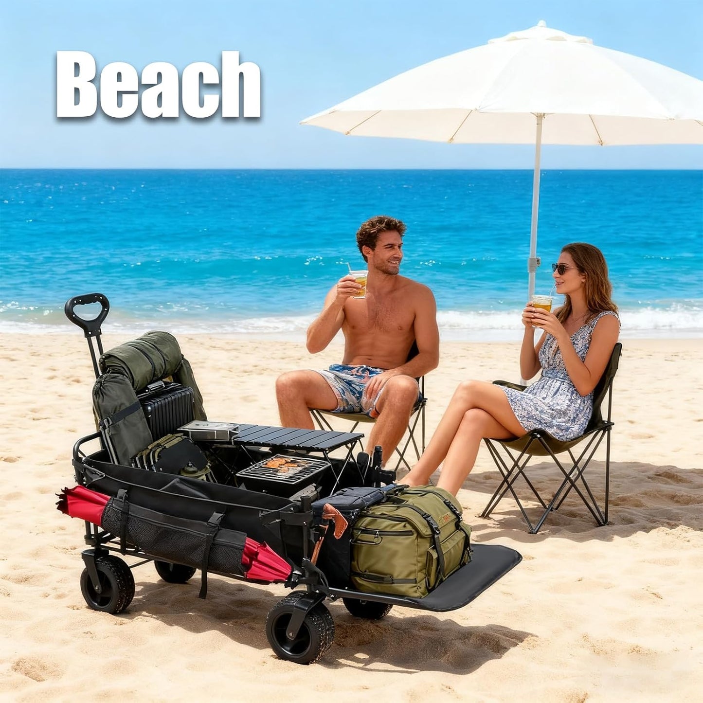 440 LBS Wagons Carts Foldable, Folding Collapsible Wagon Cart with Big All-Terrain Wheels & Cup Holders, Utility Graden Carts for Camping, Beach, Garden and Shopping