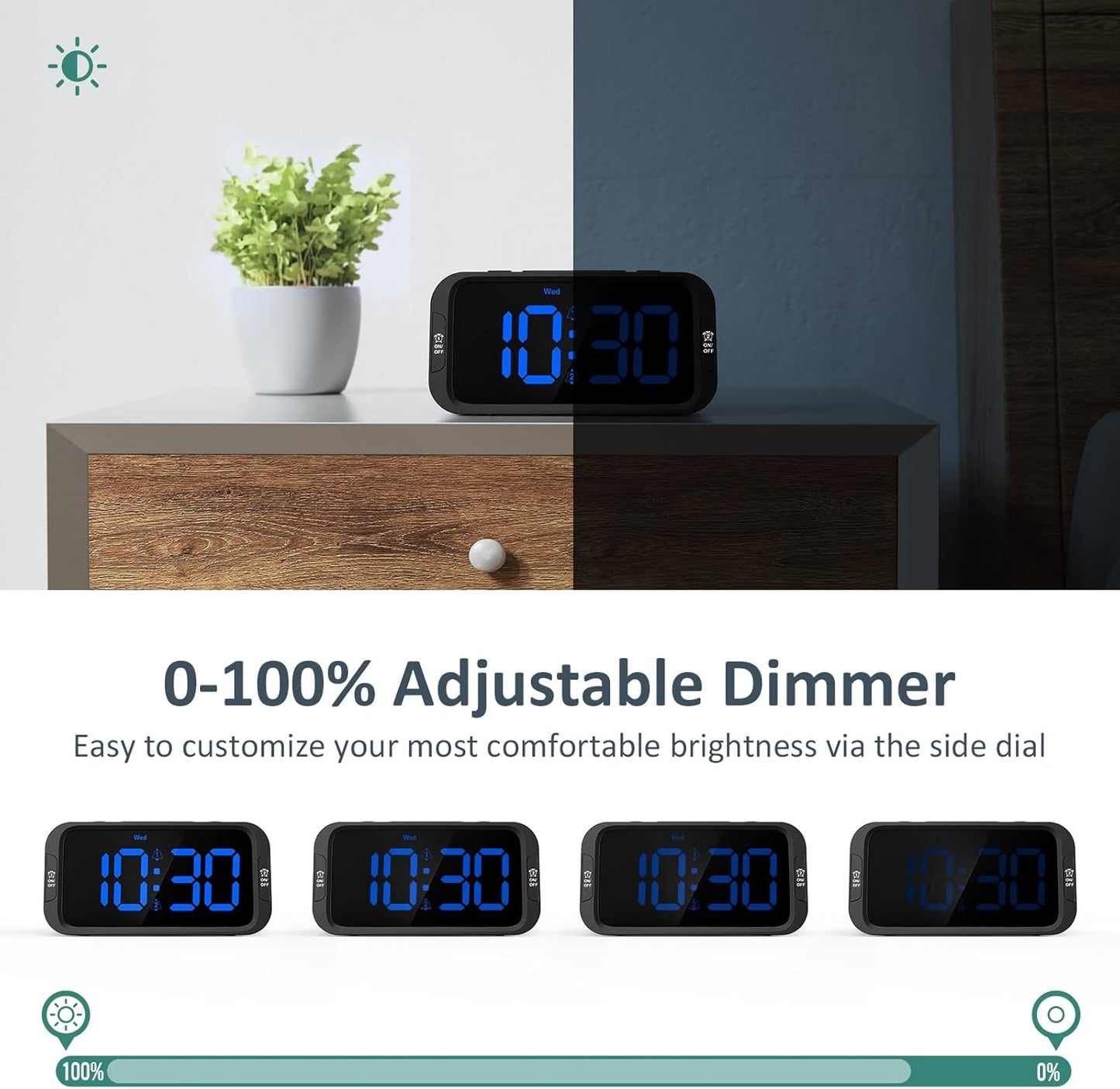 Digital Dual Alarm Clock for Bedroom, Easy to Set, 0-100% Dimmer, USB Charger, 5 Sounds Adjustable Volume, Weekday/Weekend Mode, Snooze, 12/24Hr, Battery Backup, Compact for Bedside(Blue)