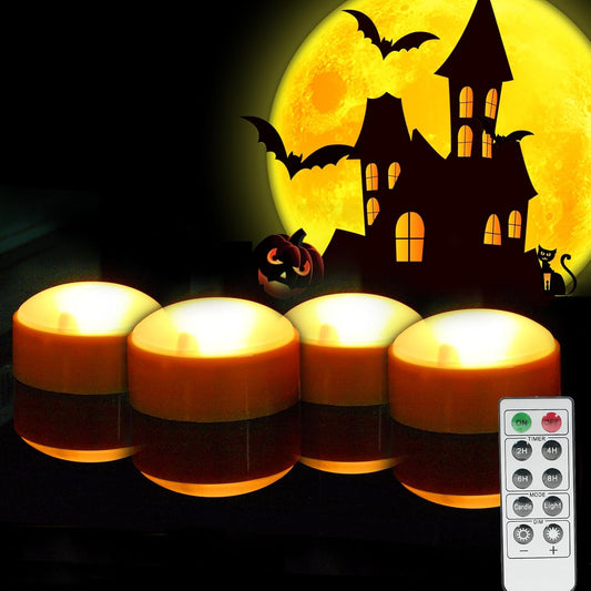 LED Pumpkin Lights with Remote and Timer, Battery Operated Bright Flickering Flameless Candles for Pumpkin Decor, Jack-O-Lantern Halloween Party Decorations,Orange Color, 4 Pack