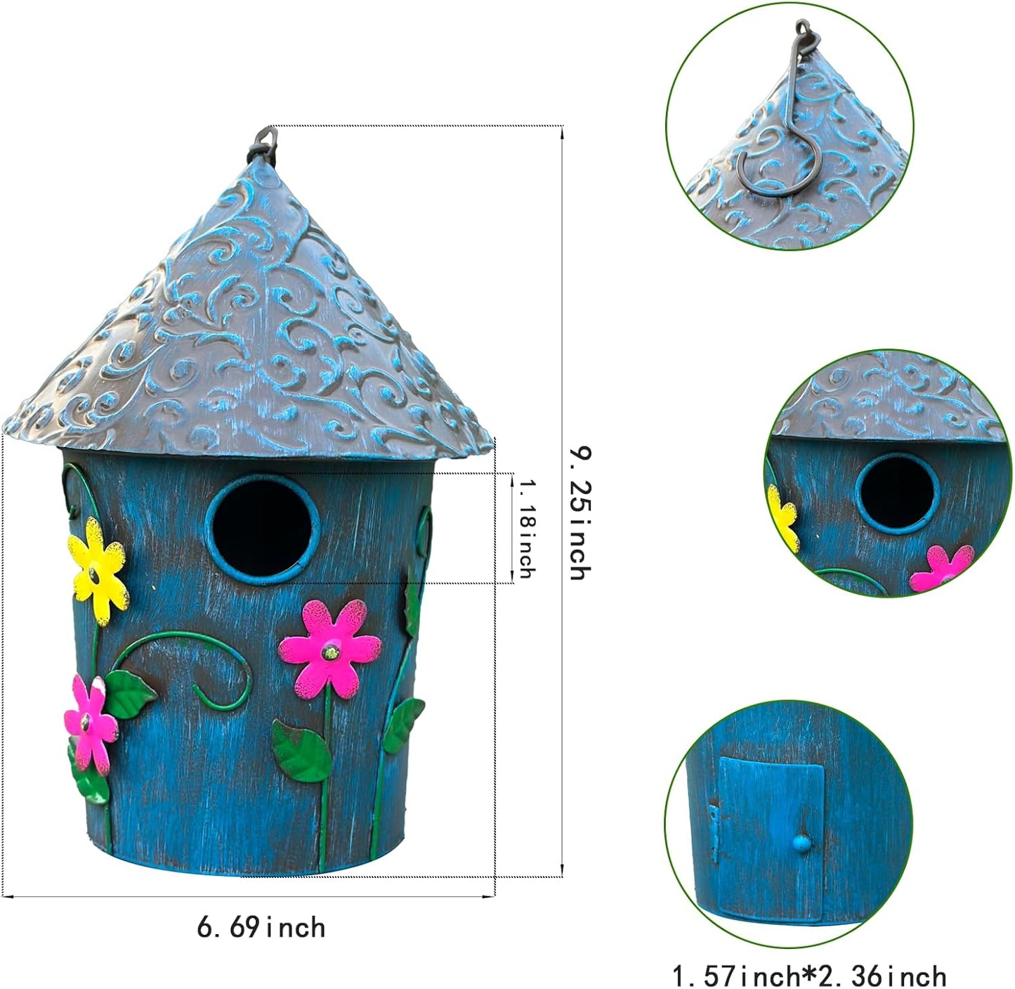 9.25" H Metal Hanging Decorative Birdhouse for Hummingbird with Paint - Bird Houses for Outside, Birdhouses for Outdoors, Bluebird Houses for Outside for Yard, Garden, Backyard. (Blue)